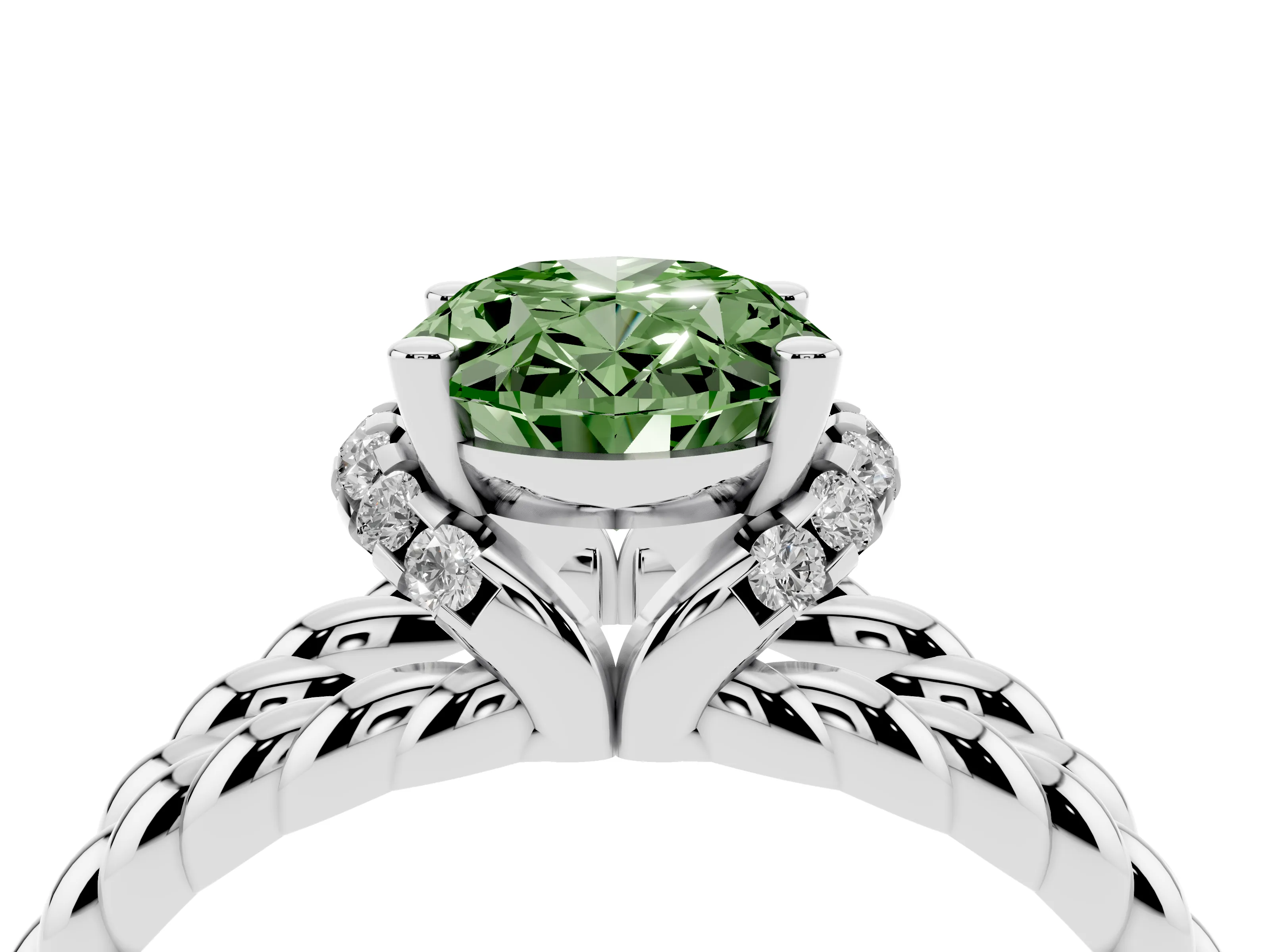 Fancy Green Oval Cut Diamond Halo Ring Set in Platinum with Twisted Band and Prong Setting