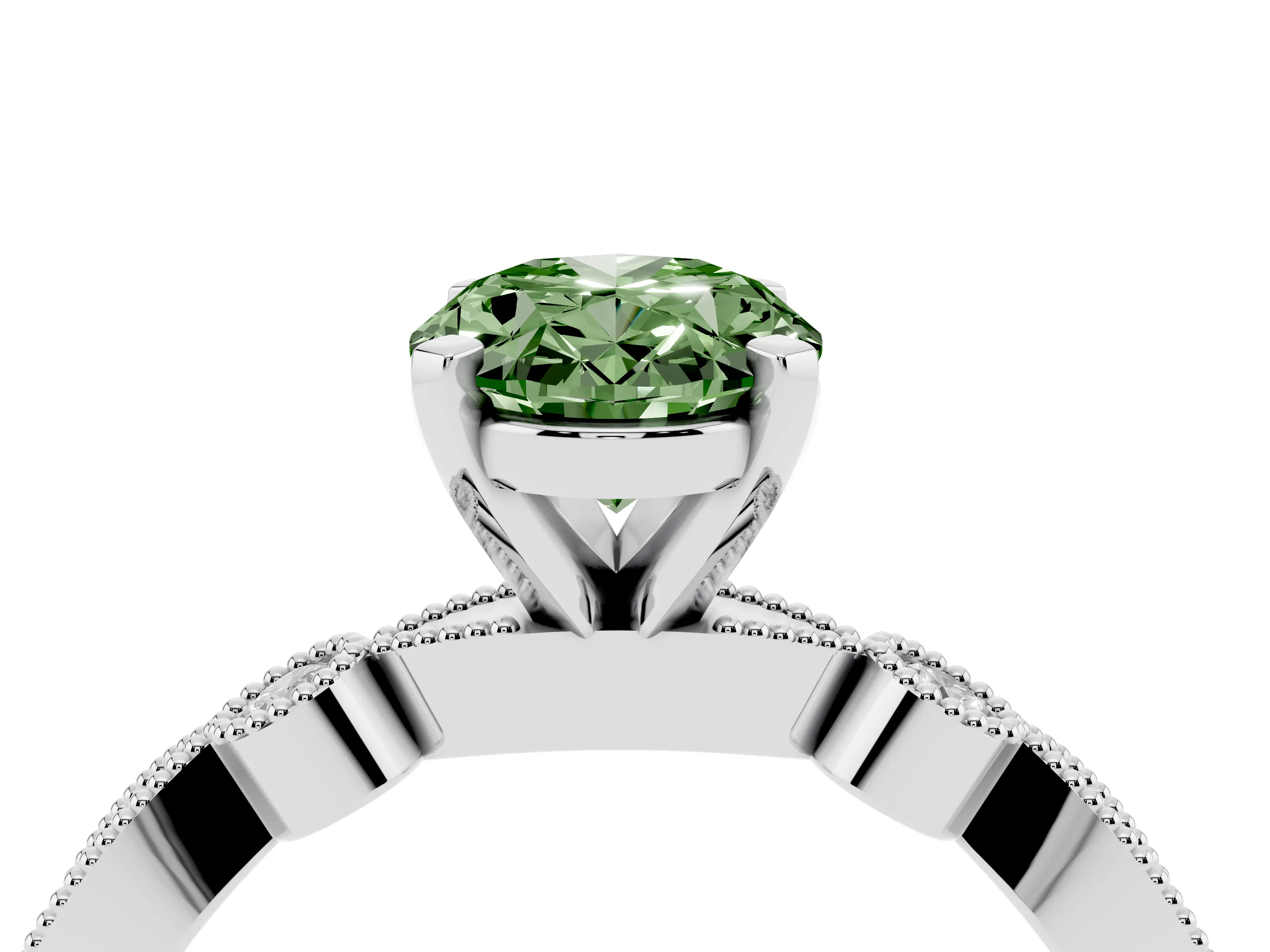 Fancy Green Oval Cut Diamond Solitaire Engagement Ring Set in Silver with Milgrain Bezel Accent Band