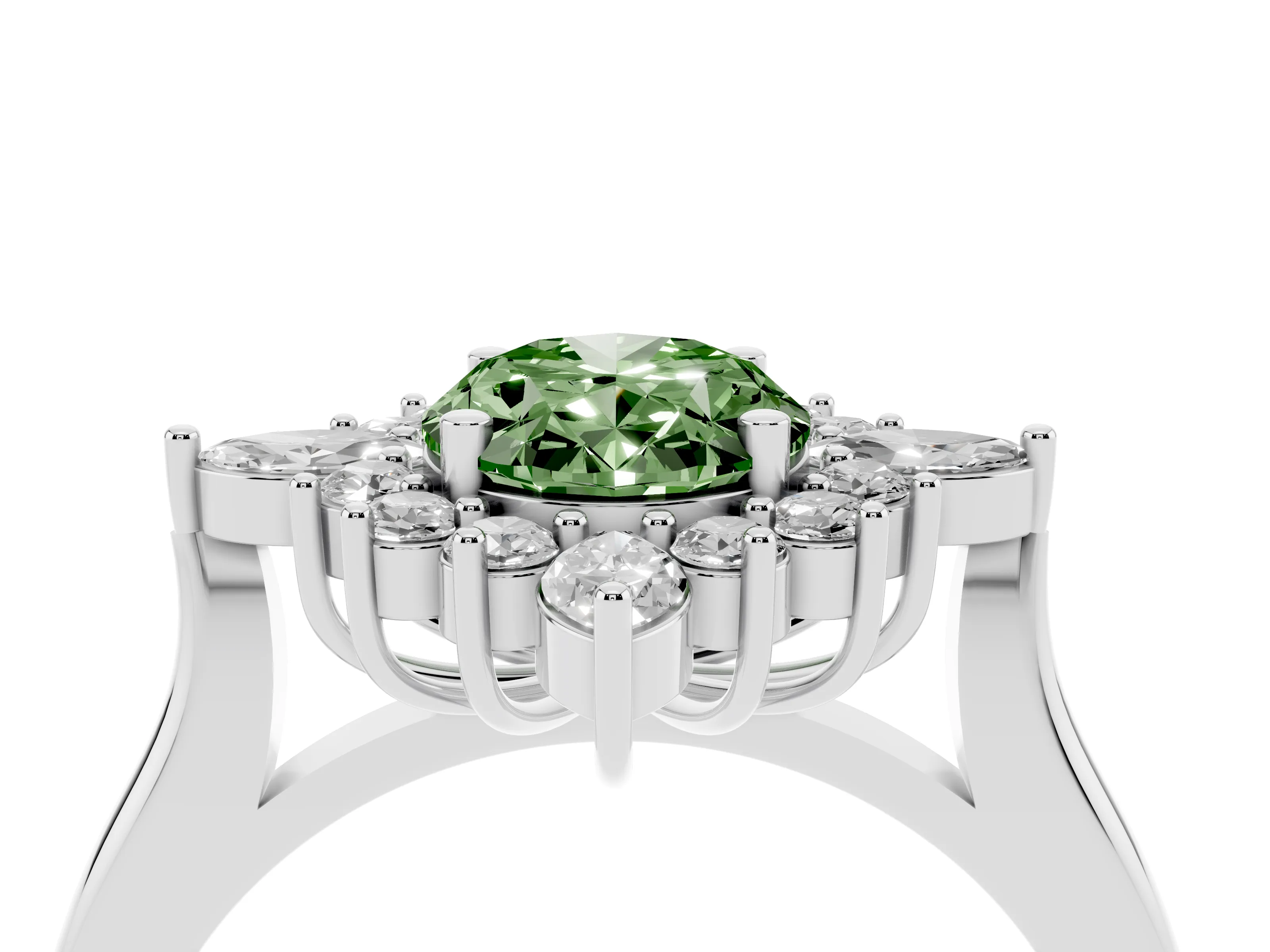 Fancy Green Oval Cut Diamond Cluster Halo Ring Set in White gold with Marquise and Round Accents