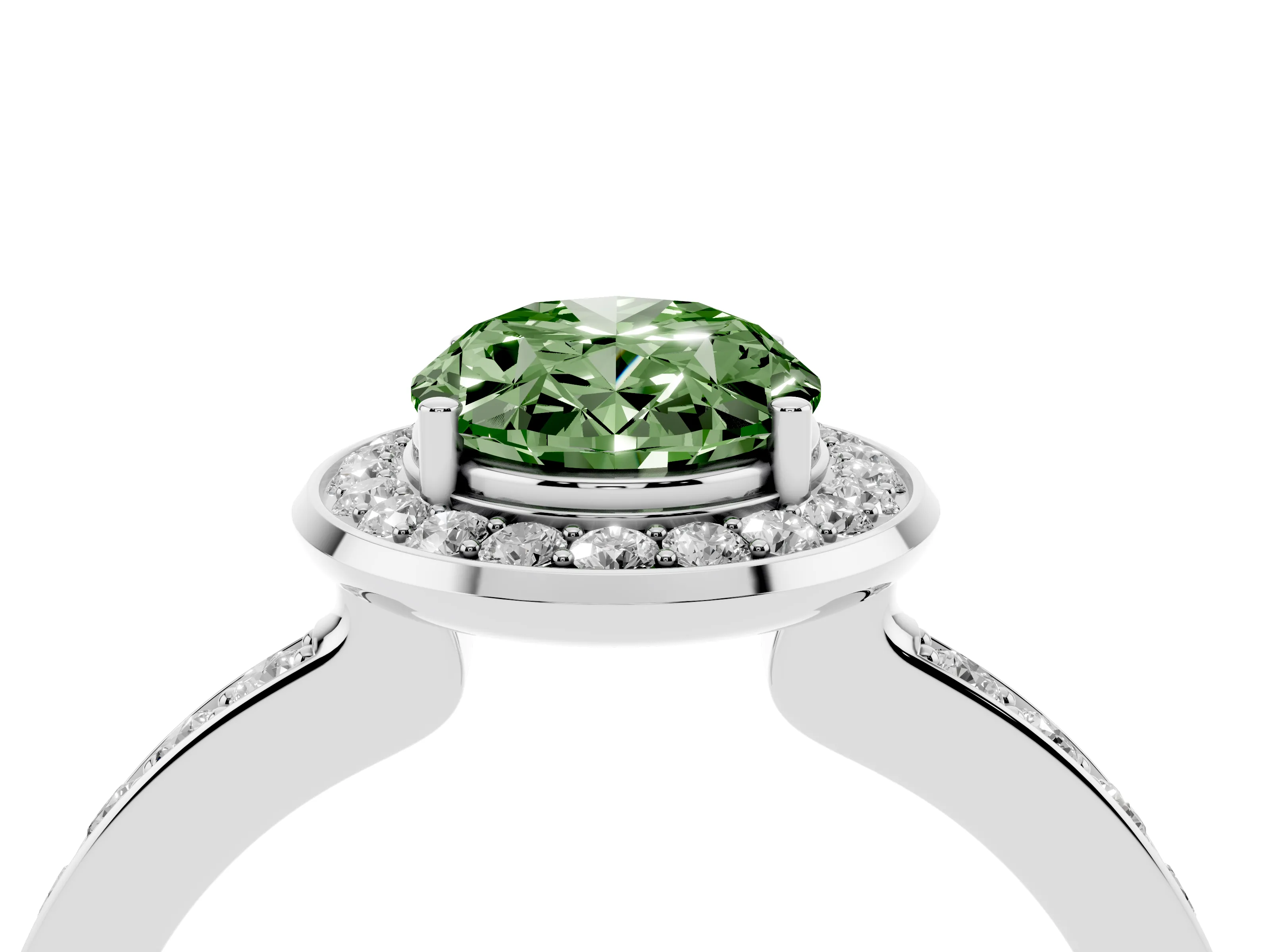 Fancy Green Oval Cut Diamond Halo Ring Set in Platinum with Bezel Frame and Pavé Band
