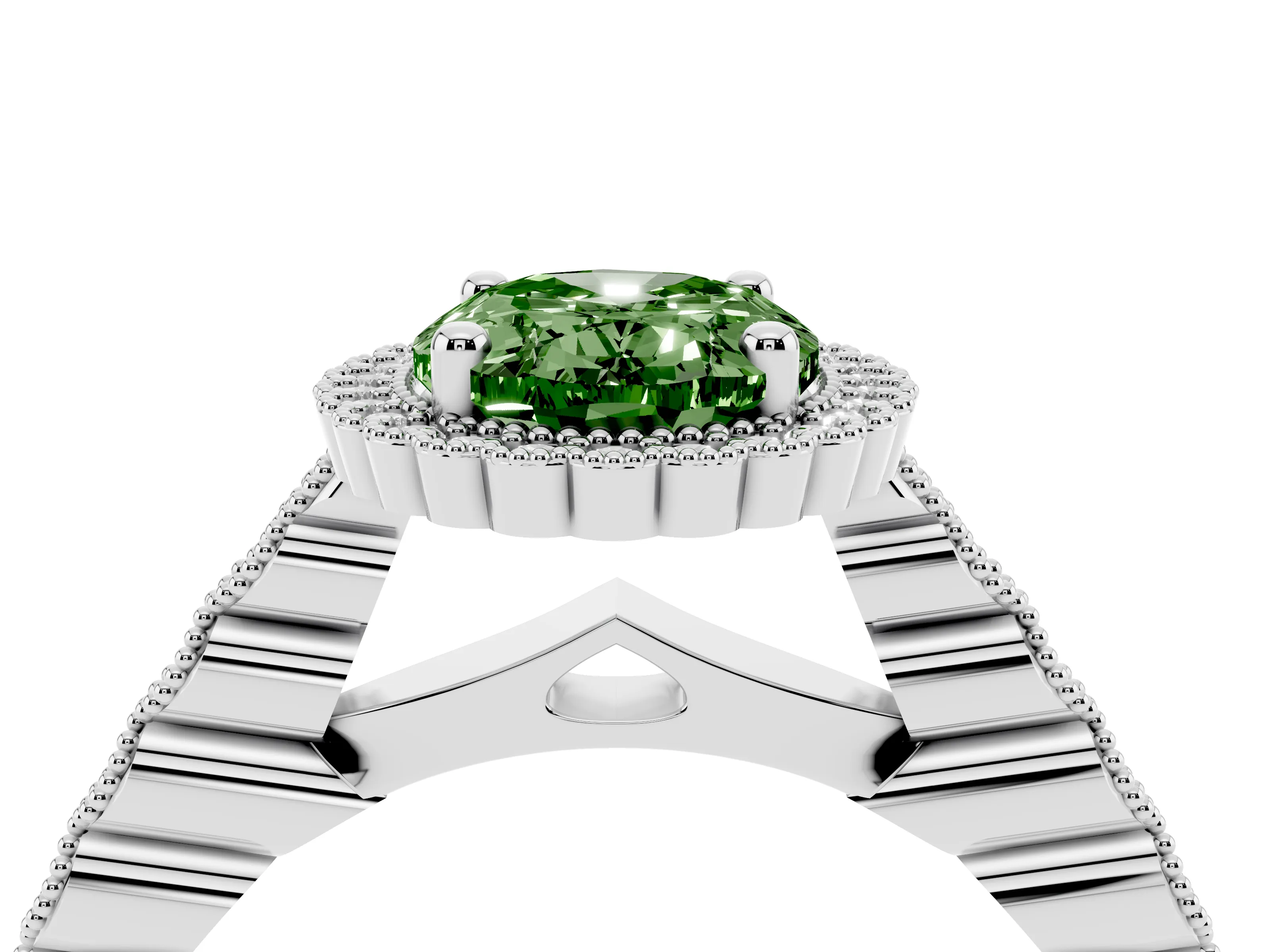 Fancy Green Oval Cut Diamond Halo Ring Set in Silver with Pavé Milgrain Band