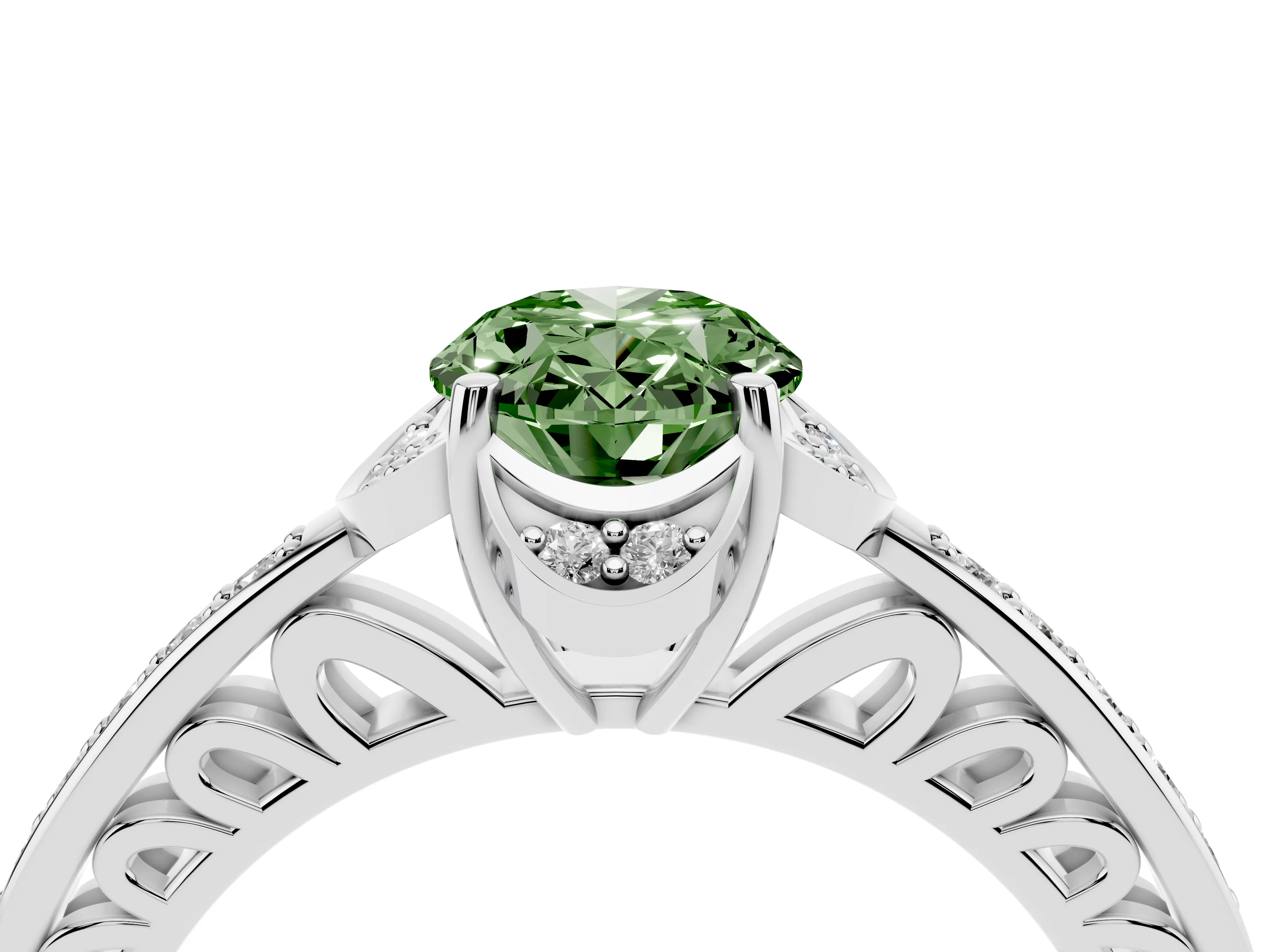 Fancy Green Oval Cut Diamond Halo Ring Set in White gold with Channel Set Band and Prong Setting