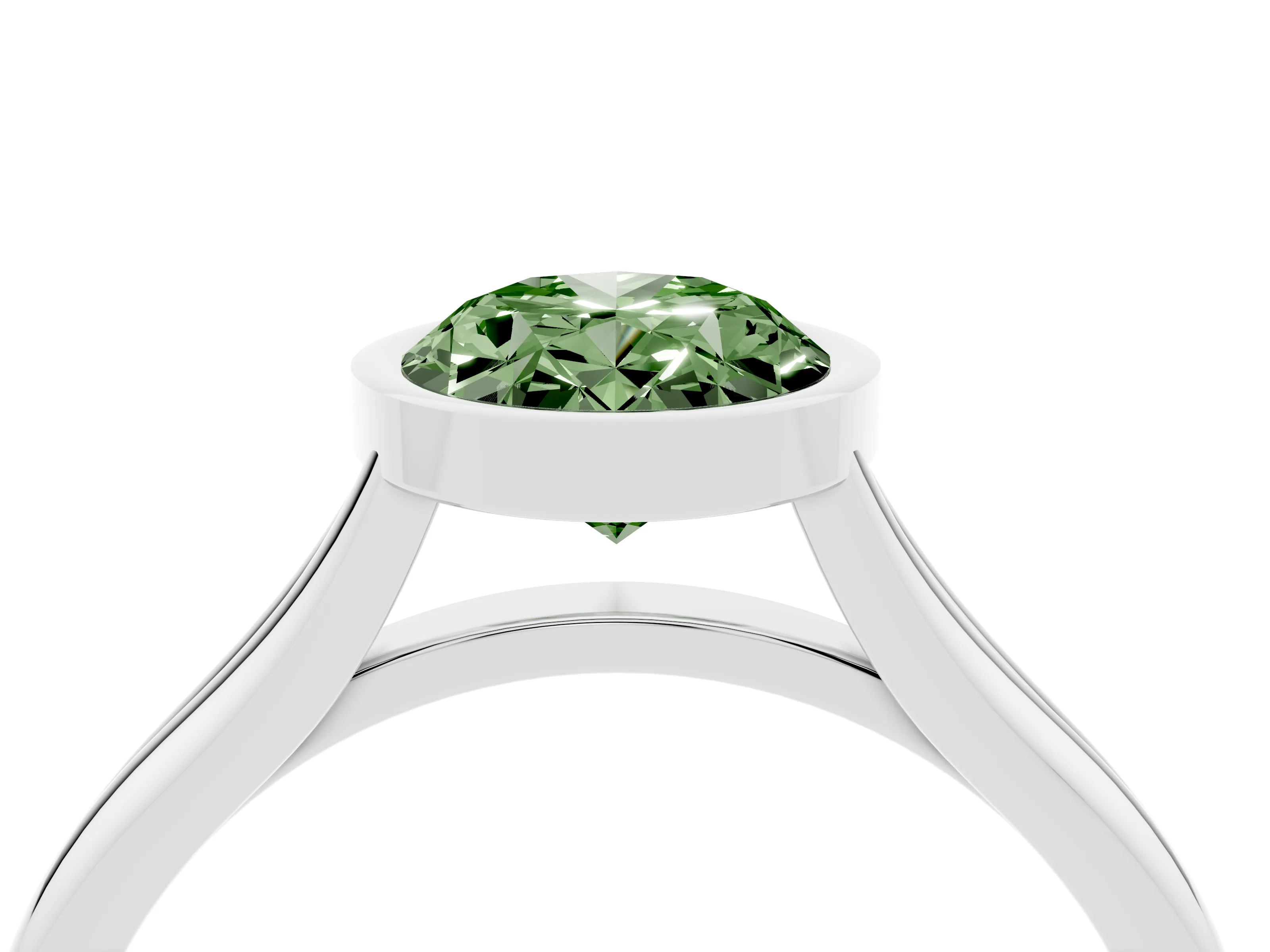 Fancy Green Bezel Set Oval Cut Diamond Solitaire Ring Set in Silver with Tapered Band