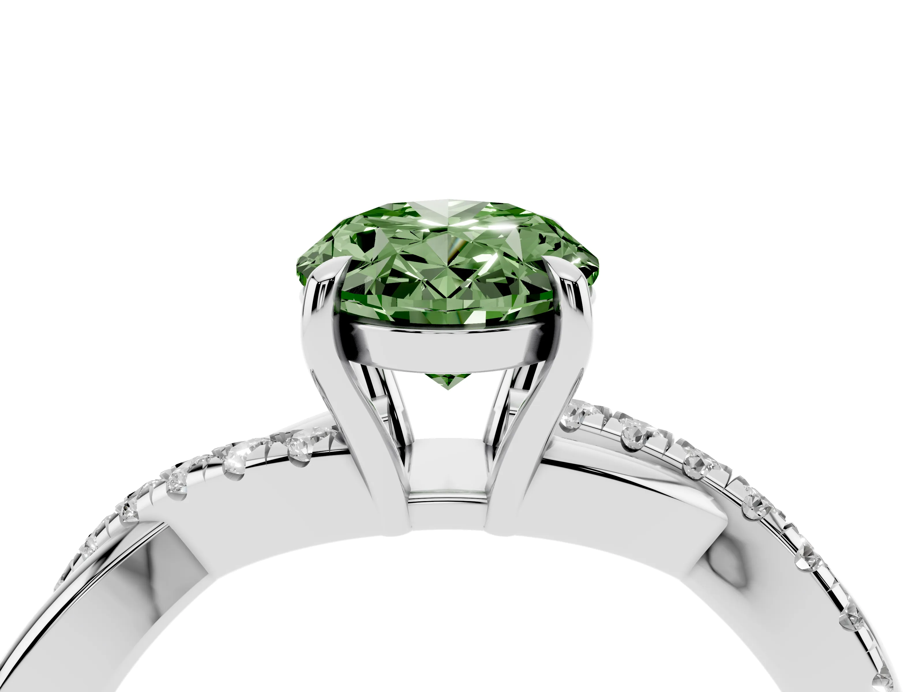 Fancy Green Oval Cut Diamond Twisted Pavé Band Ring Set in Silver with Prong Setting
