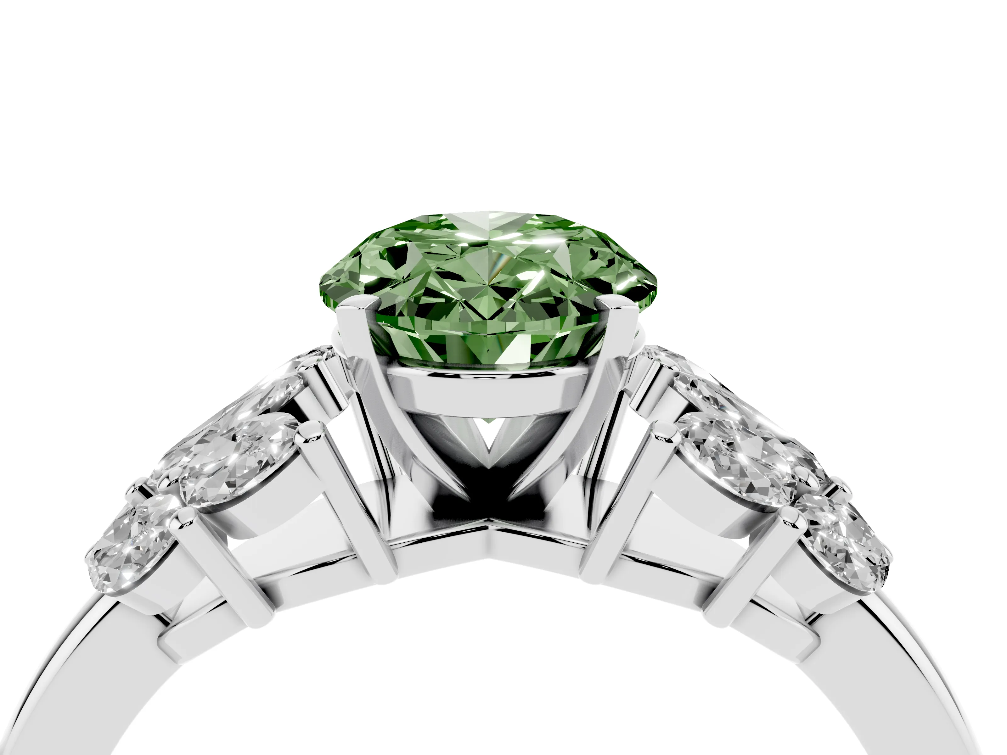 Fancy Green Oval Cut Diamond Cluster Leaf Design Ring Set in White gold with Prong Setting
