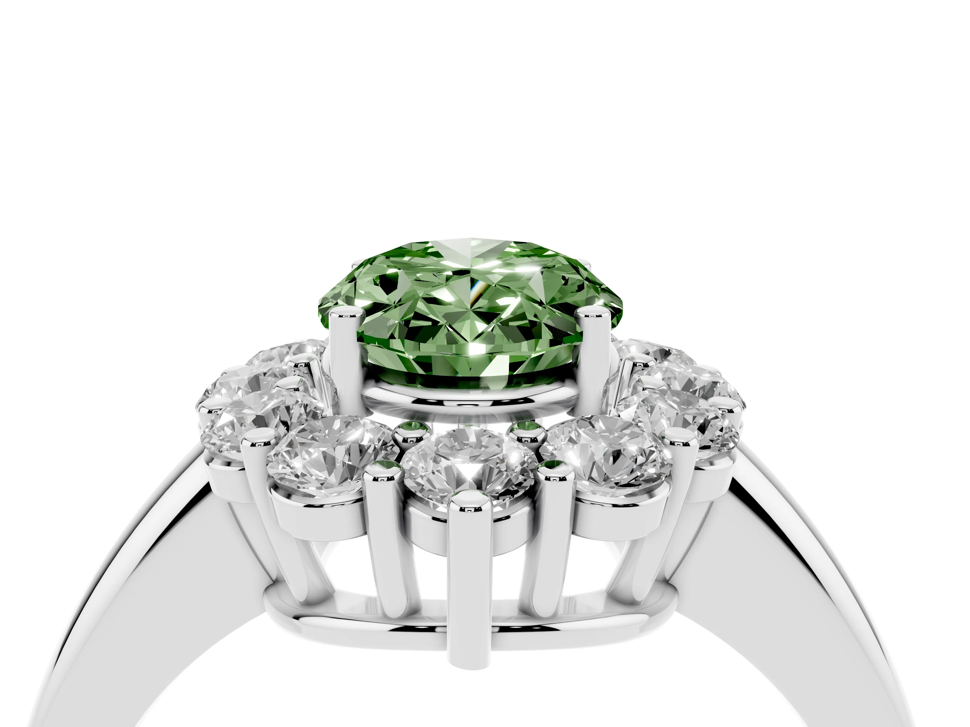 Fancy Green Oval Cut Diamond Halo Cluster Engagement Ring Set in Silver with Polished Band and Prong Setting
