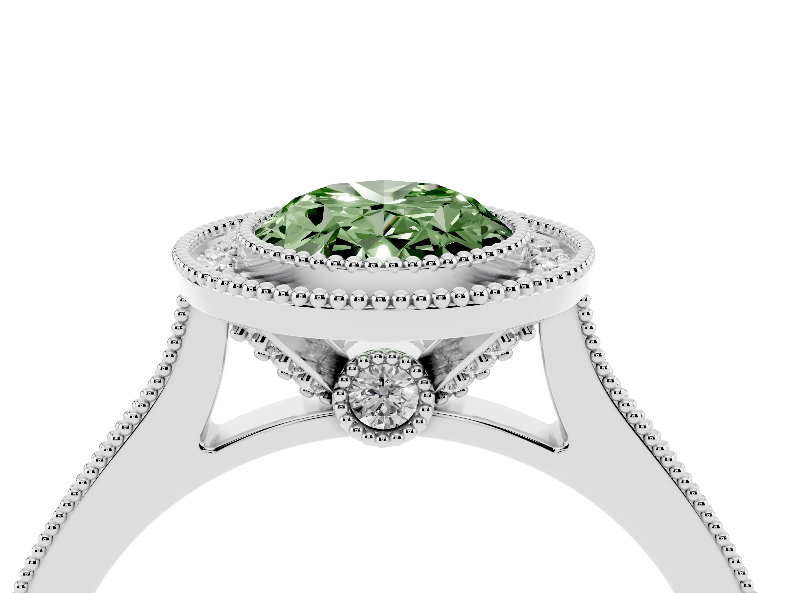 Fancy Green Oval Cut Diamond Halo Milgrain Pavé Band Ring Set in Silver with Prong Setting