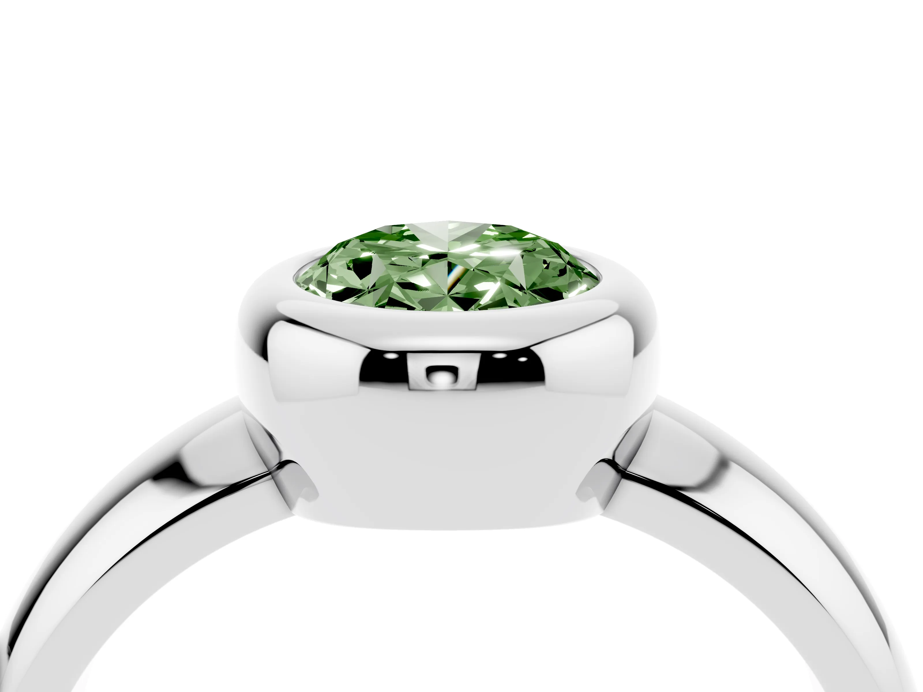 Fancy Green Bezel Set Oval Cut Diamond Solitaire Ring Set in Platinum with Wide Band