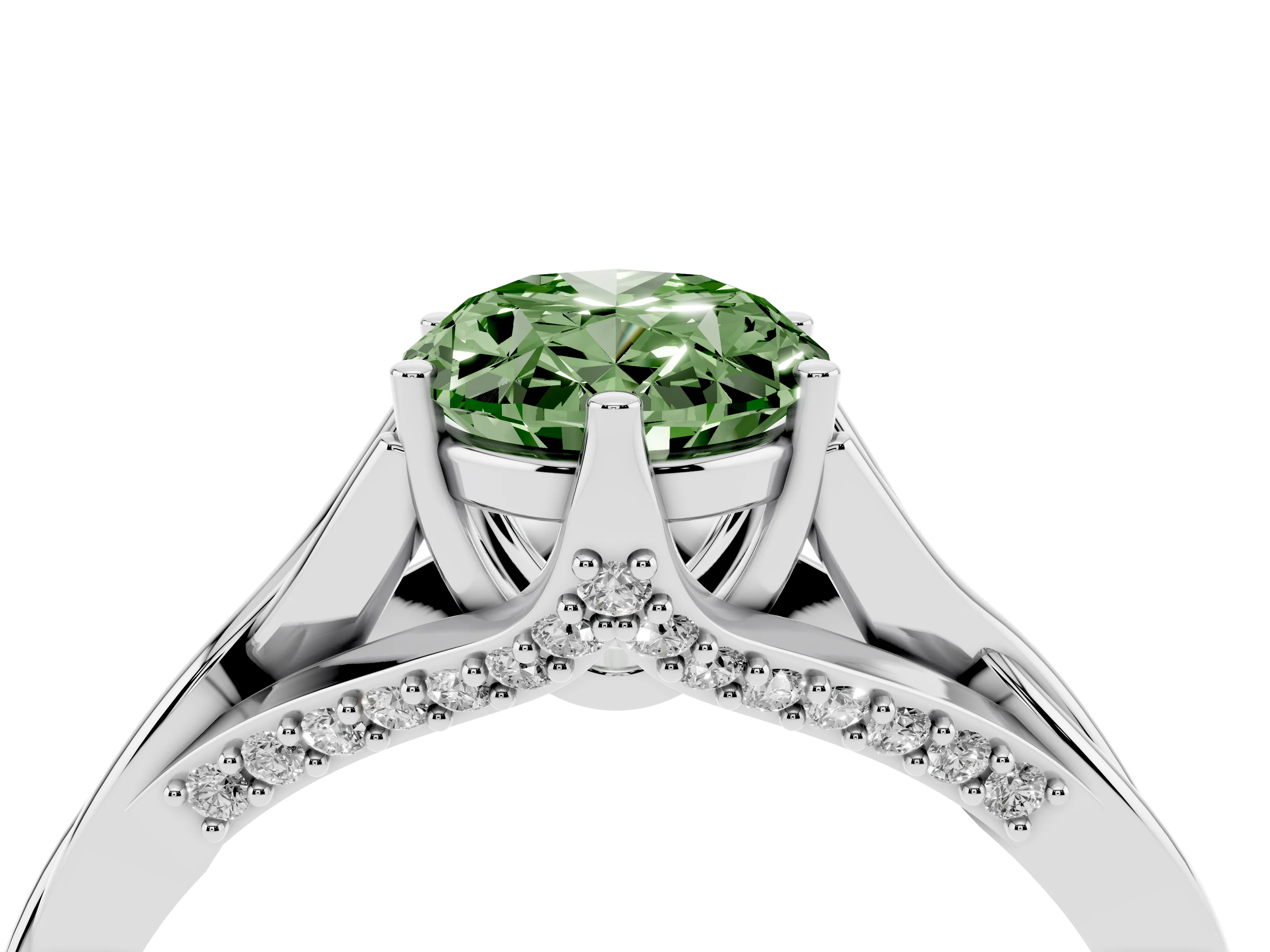 Fancy Green Oval Cut Diamond Intertwined Twist Band Solitaire Ring Set in White gold with Prong Setting