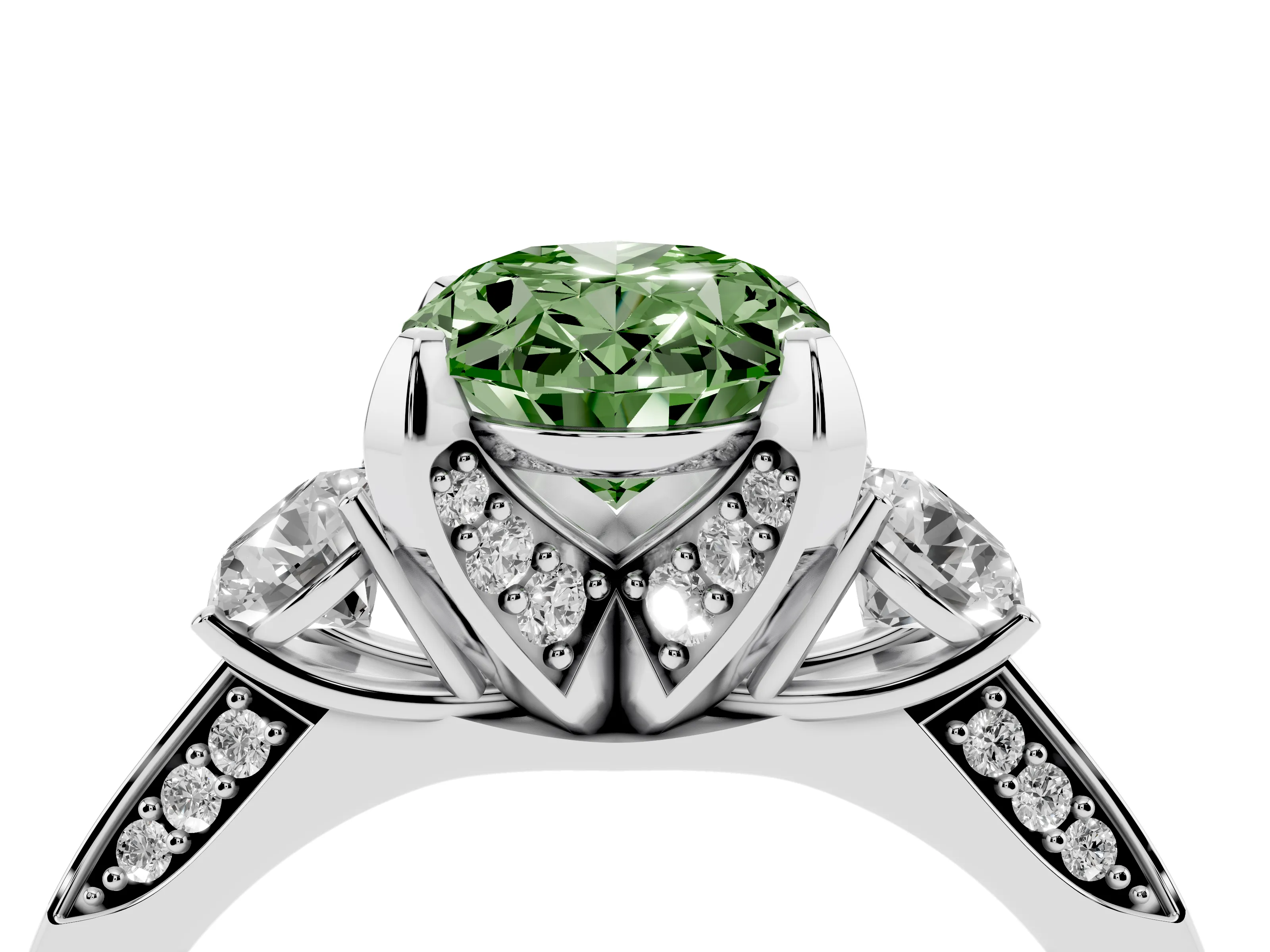 Fancy Green Oval Cut Diamond Three-Stone Ring Set in Silver with Pavé Band and Smaller Side Stones