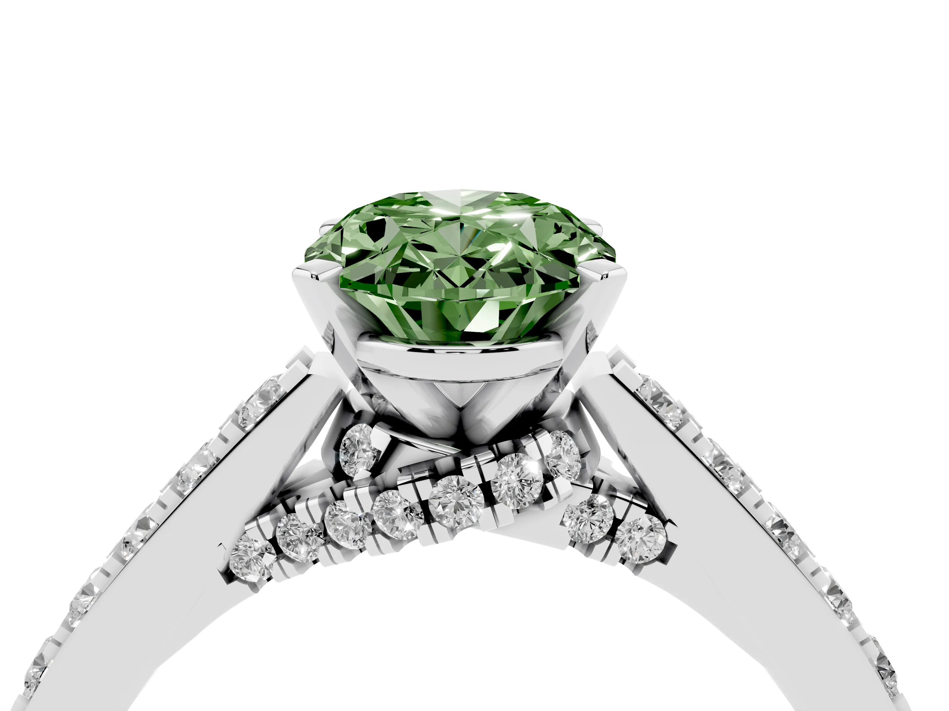 Fancy Green Oval Cut Diamond Solitaire Ring Set in Platinum with Crossover Gallery and Round Pavé Band