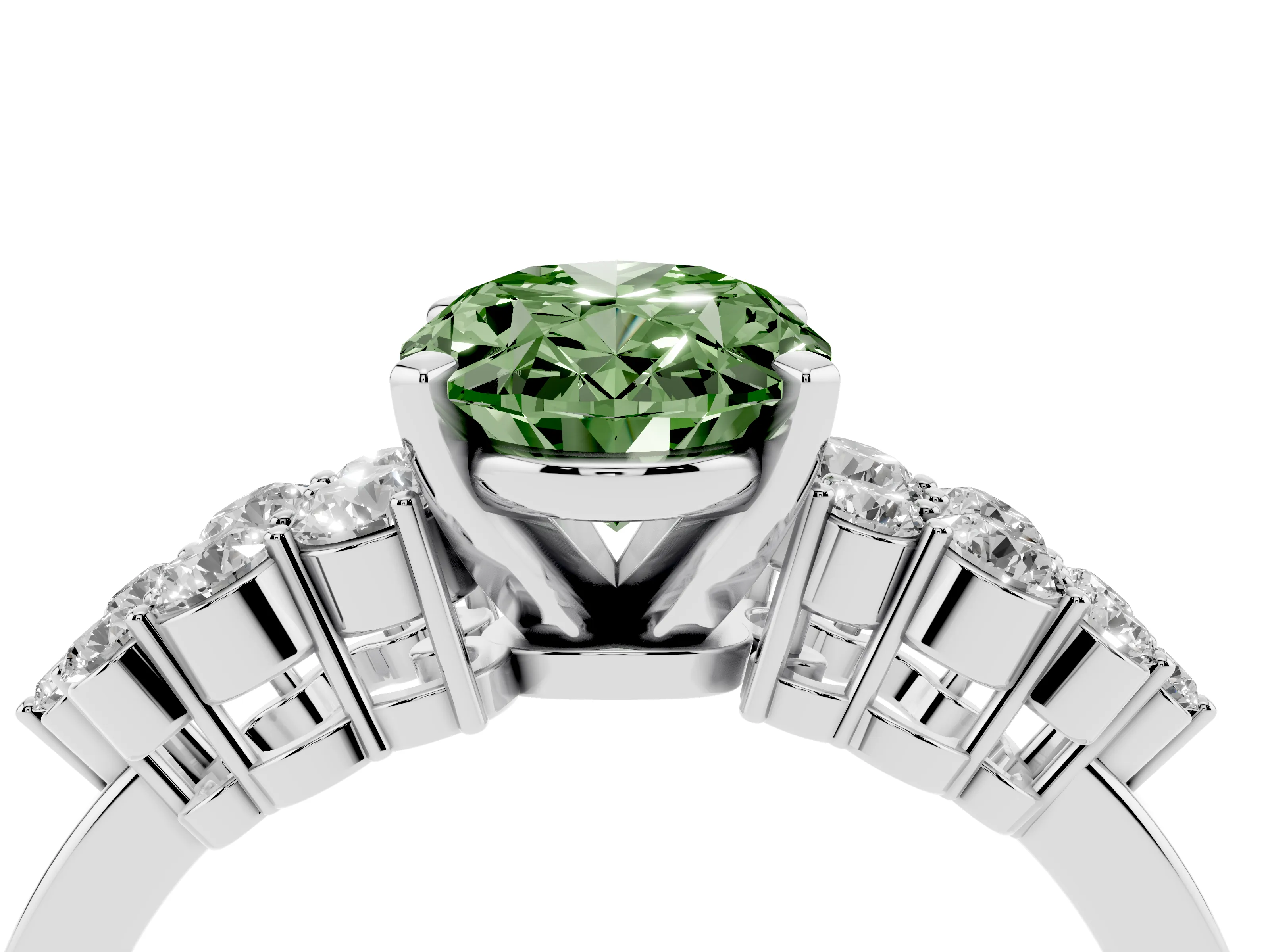 Fancy Green Oval Cut Diamond Cluster Engagement Ring Set in Platinum with Pavé Band and Prong Setting