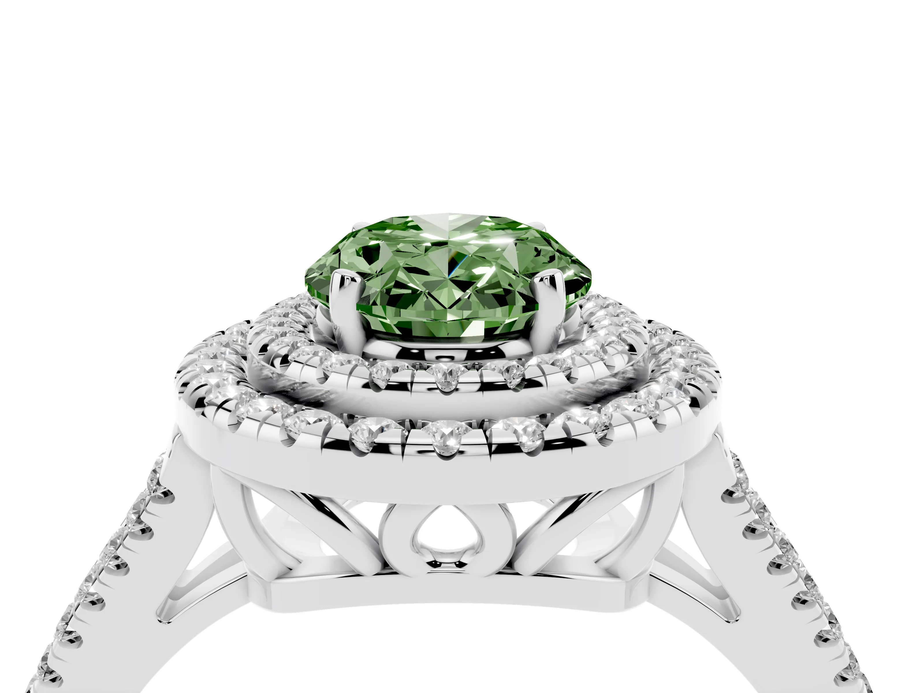 Fancy Green Oval Cut Diamond Double Halo Ring Set in Silver with Pavé Band