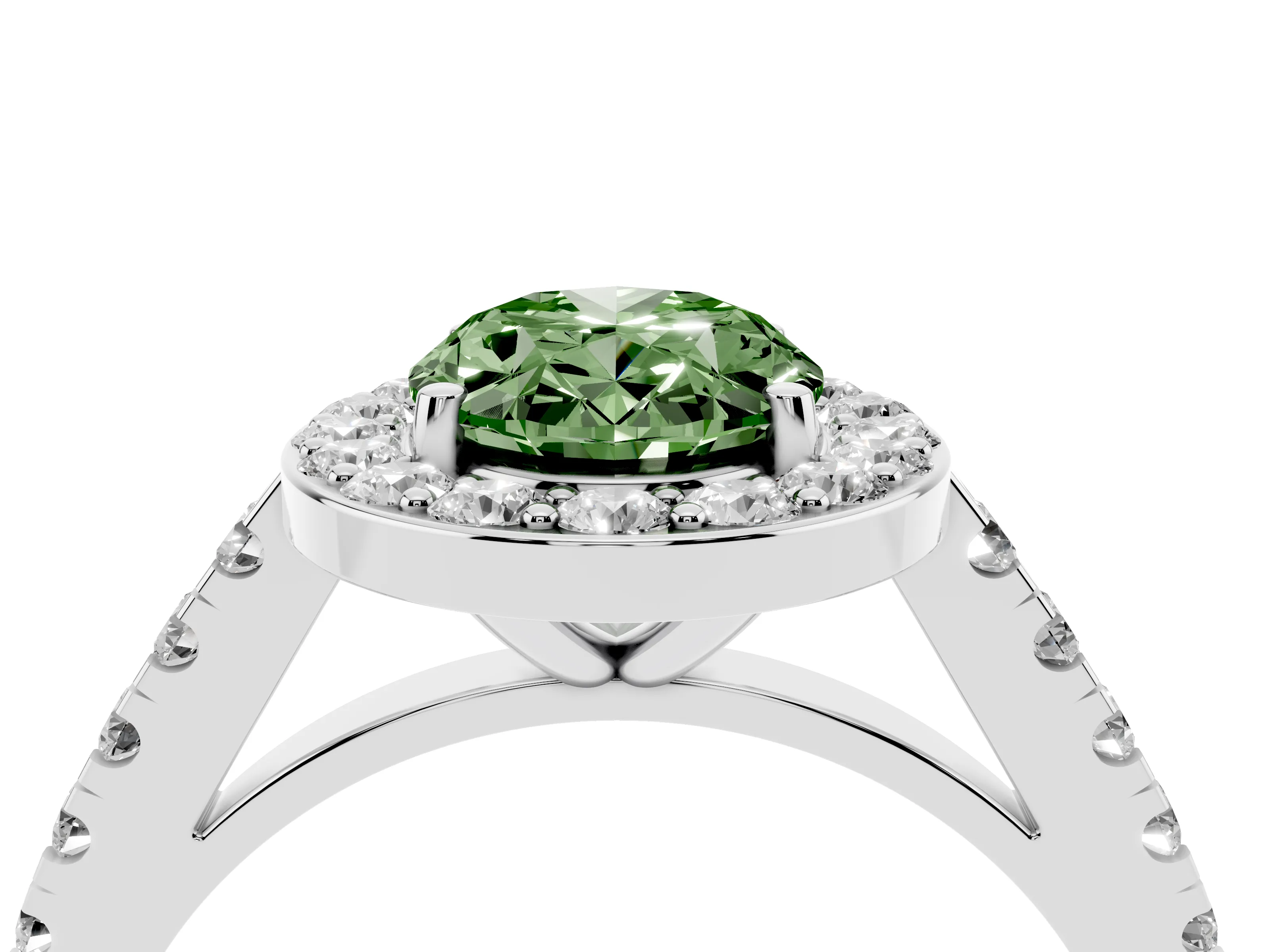 Fancy Green Oval Cut Diamond Halo Ring Set in Silver with Round Pavé Split Shank and Prong Setting
