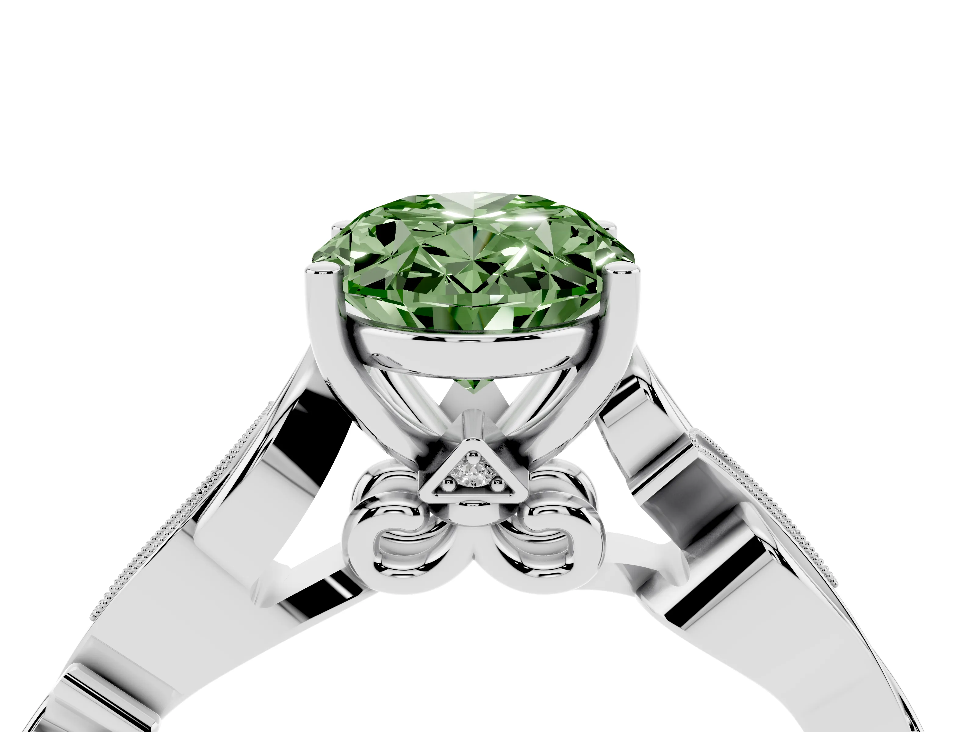 Fancy Green Oval Cut Diamond Vine Band Solitaire Ring Set in Silver with Milgrain Prong Setting