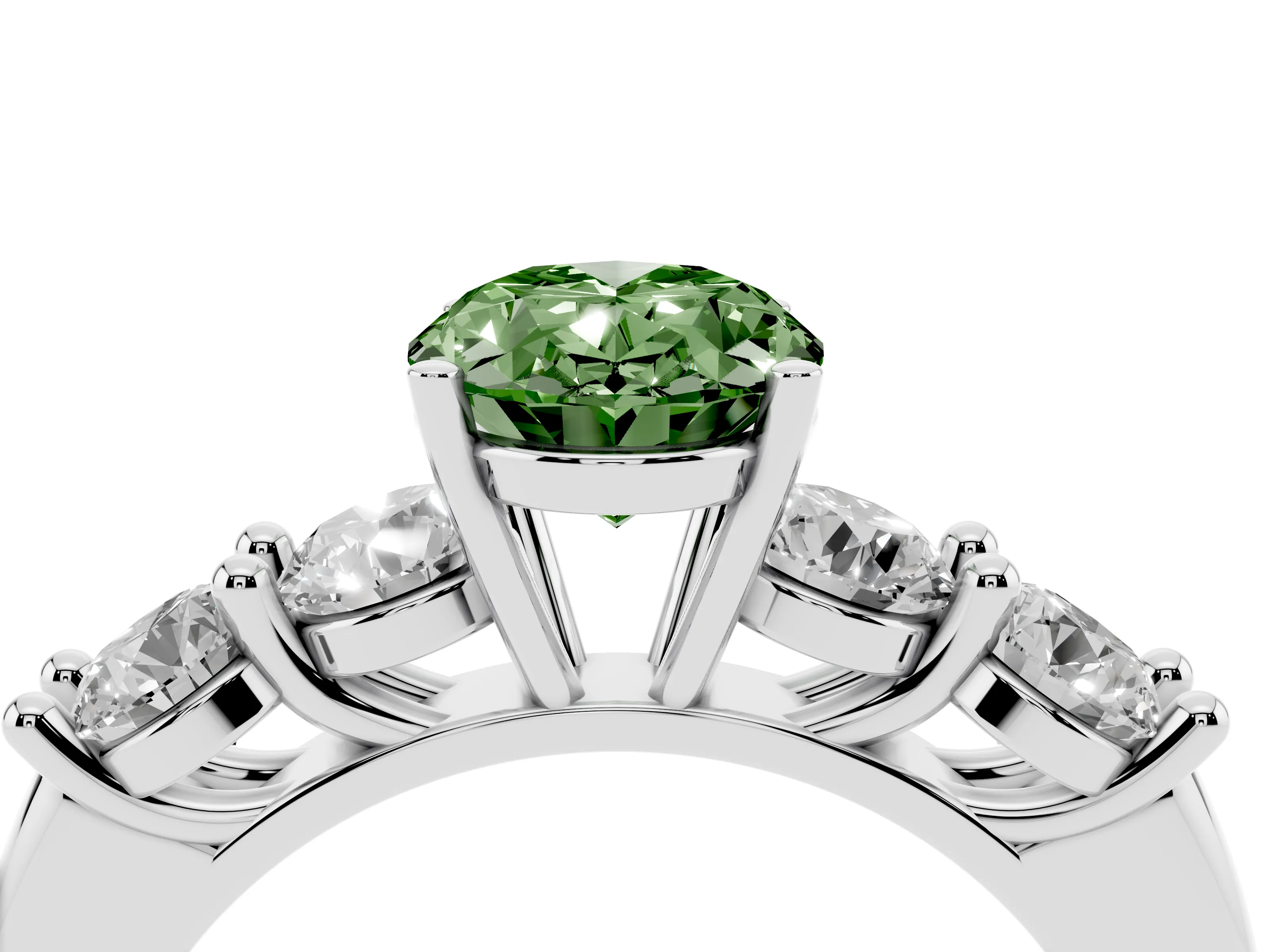 Fancy Green Oval Cut Diamond Five-Stone Prong Set Ring Set in White gold with Classic Band