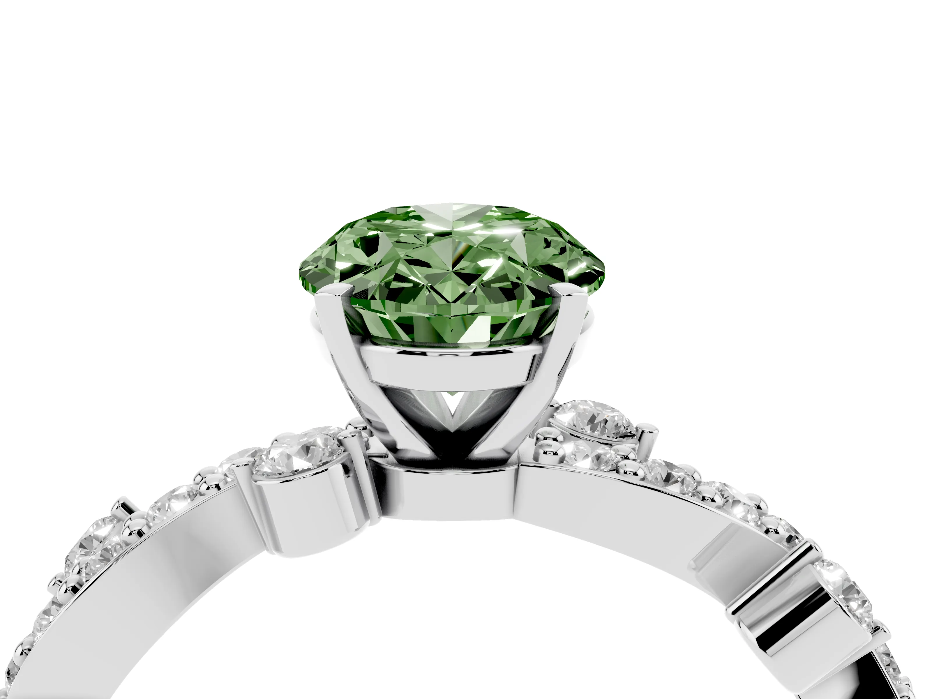 Fancy Green Oval Cut Diamond Solitaire Twisted Band Set in White gold with Pavé Setting