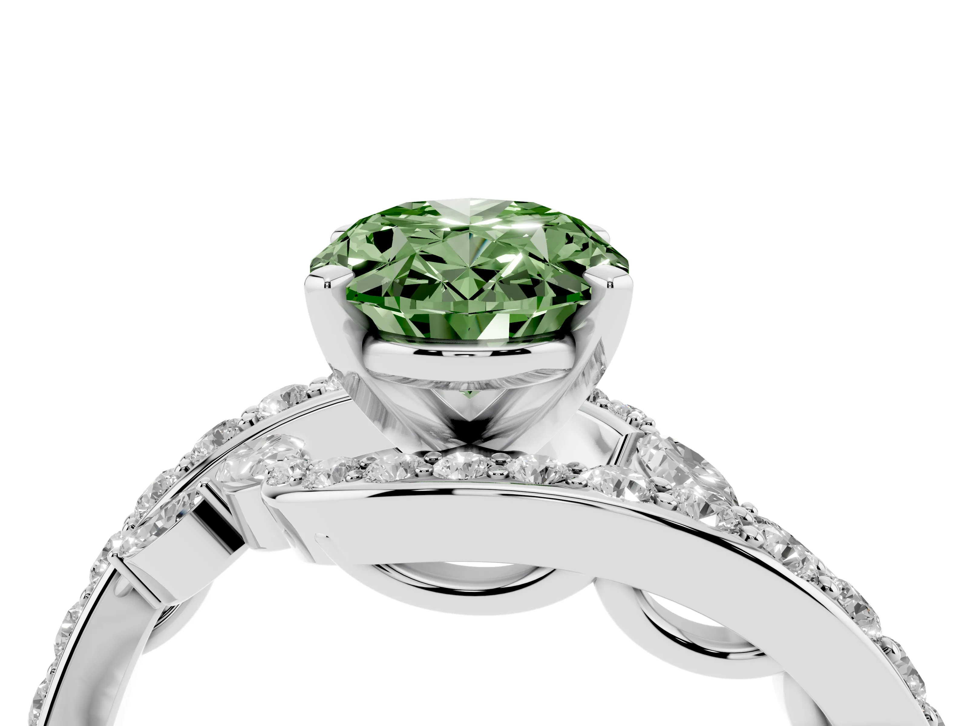 Fancy Green Oval Cut Diamond Solitaire Ring Set in Silver with Pavé Twist Band and Secure Prong Setting