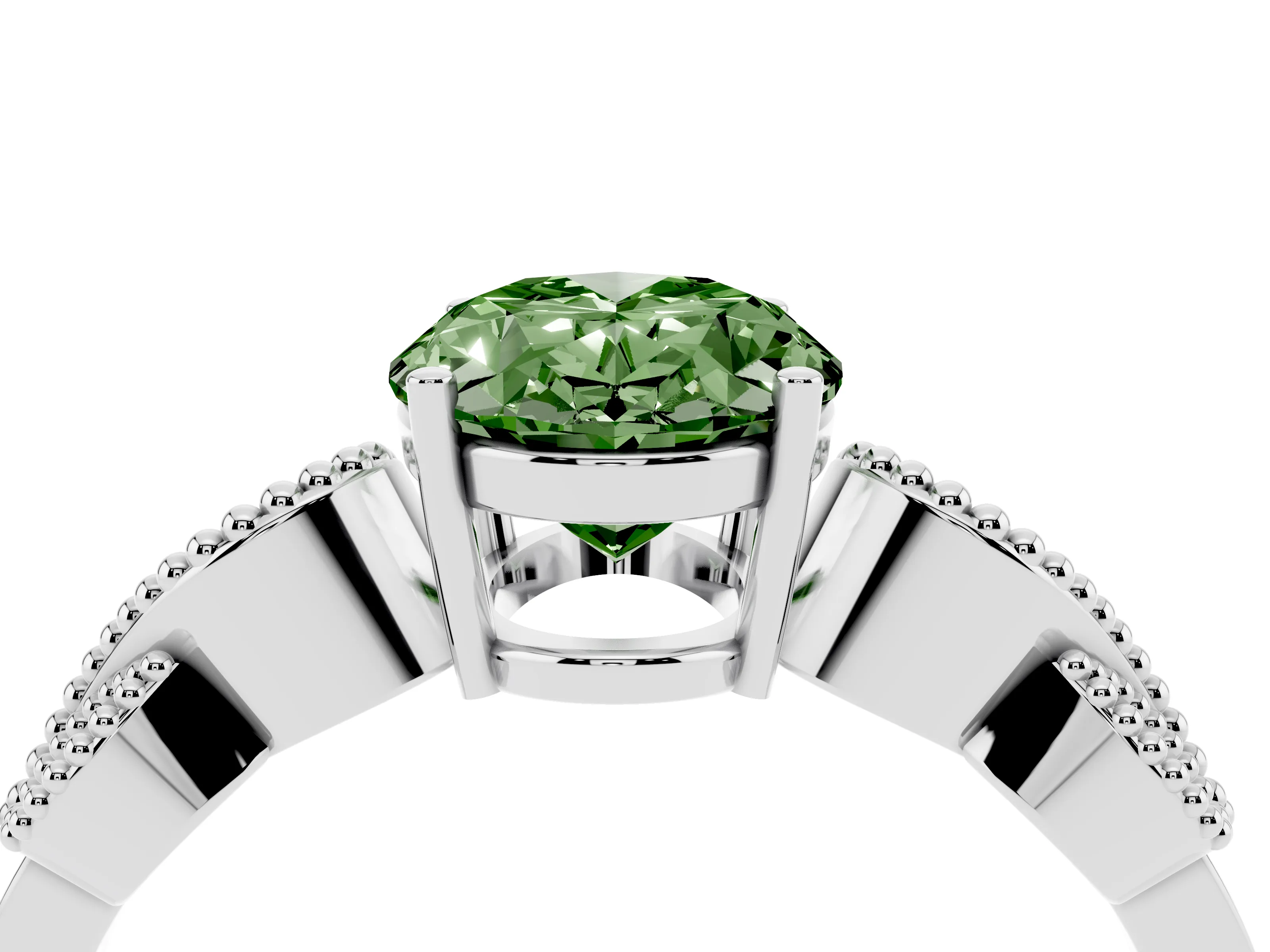 Fancy Green Oval Cut Diamond Milgrain Leaf Band Solitaire Ring Set in Platinum with Accent Stones and Prong Setting