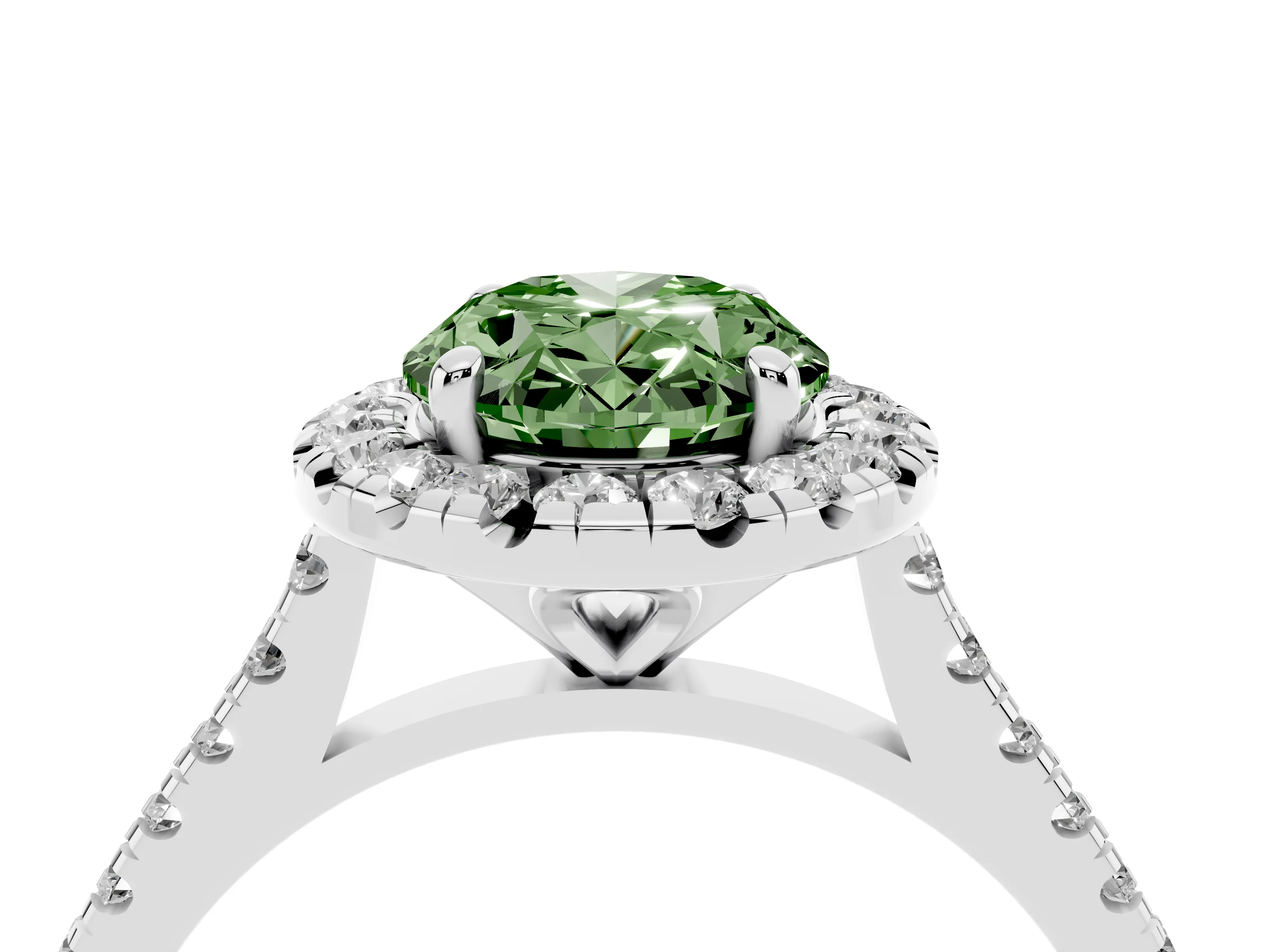 Fancy Green Oval Cut Diamond Cushion Halo Ring Set in White gold with Pavé Band