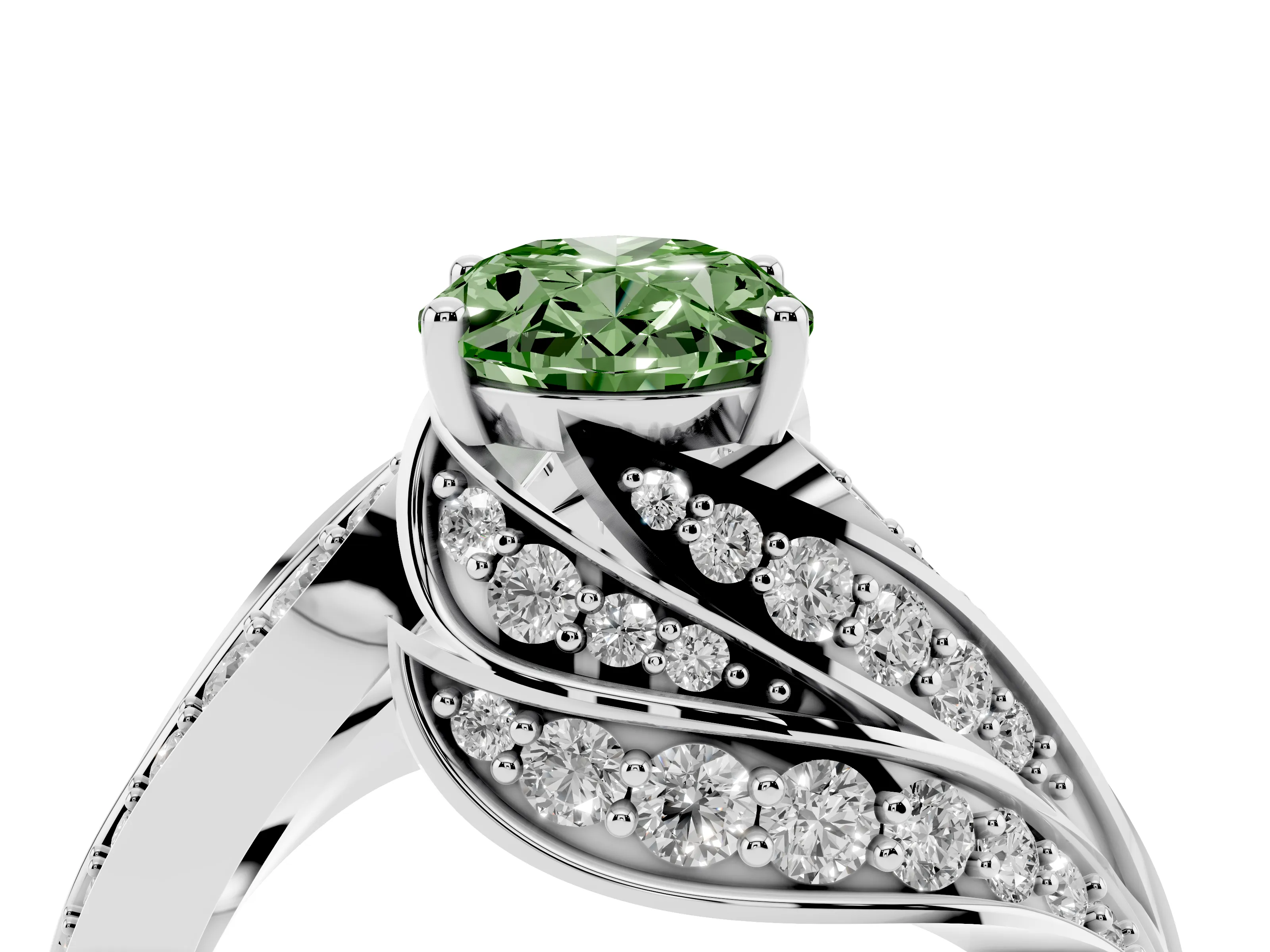 Fancy Green Oval Cut Diamond Solitaire Ring Set in Silver with Layered Twist Pavé Band