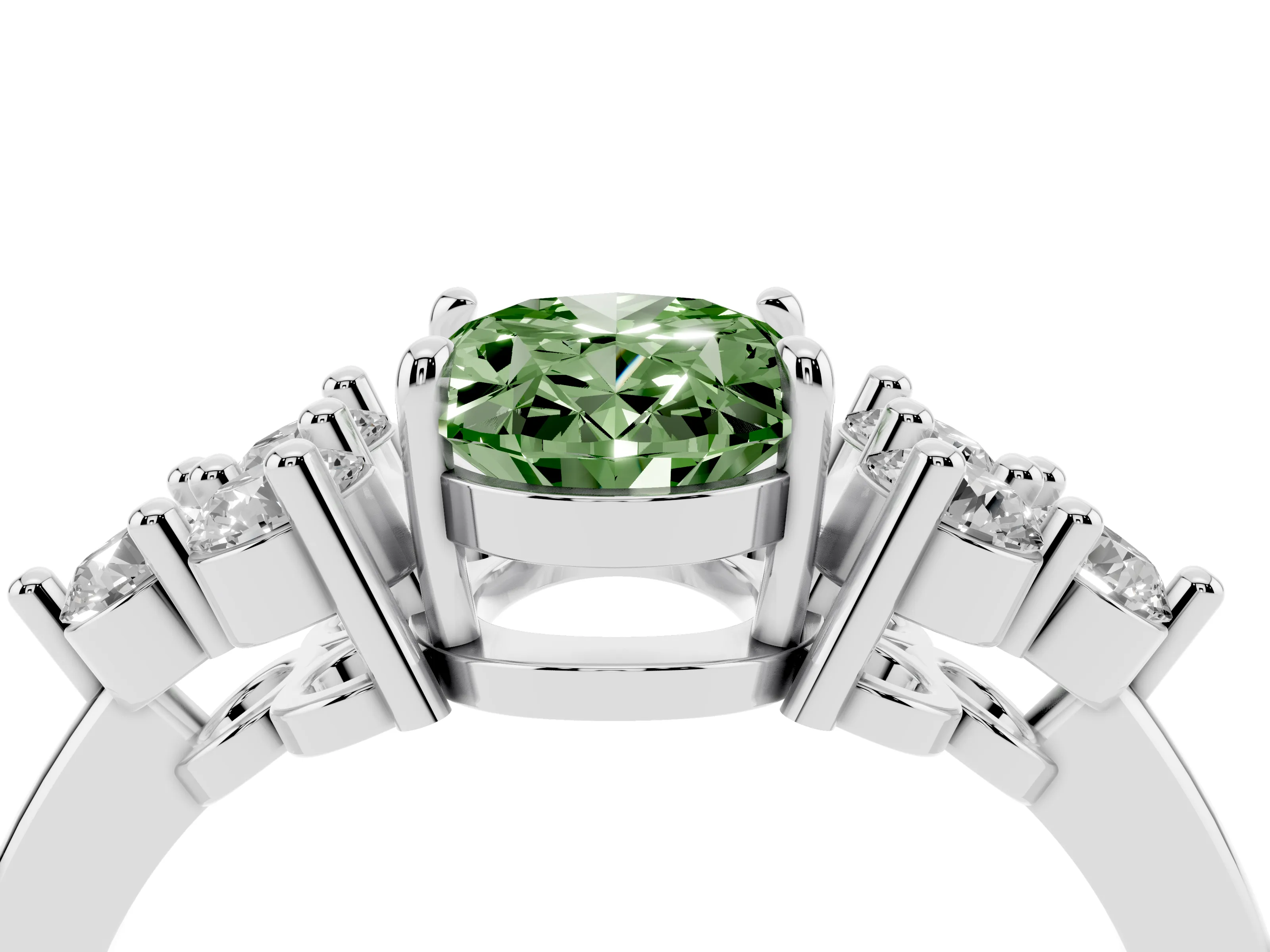 Fancy Green Oval Cut Diamond Solitaire Ring Set in Silver with Cluster Accents on Each Side