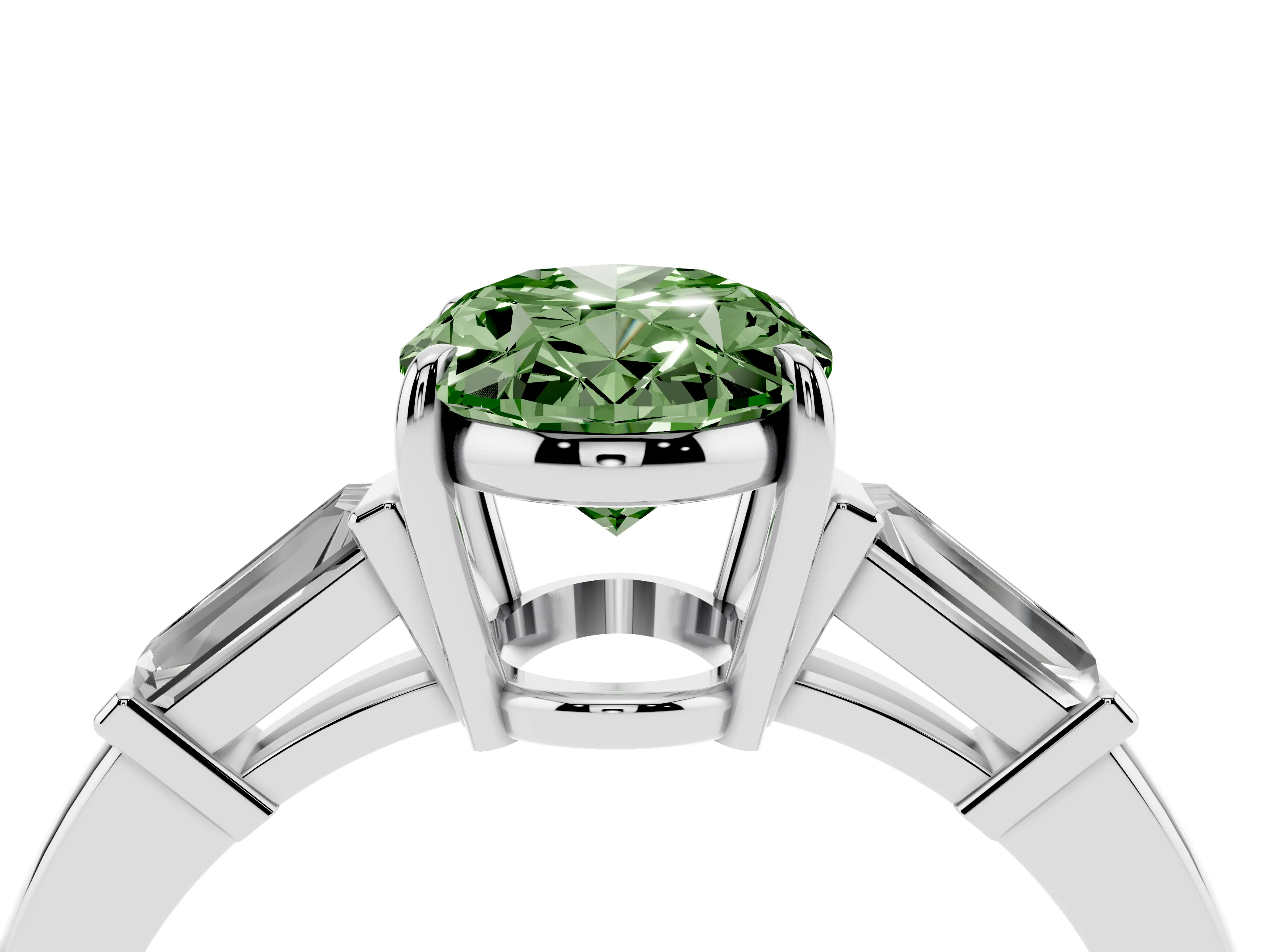 Fancy Green Oval Cut Diamond Three-Stone Ring Set in White gold with Tapered Baguette Side Stones and Prong Setting