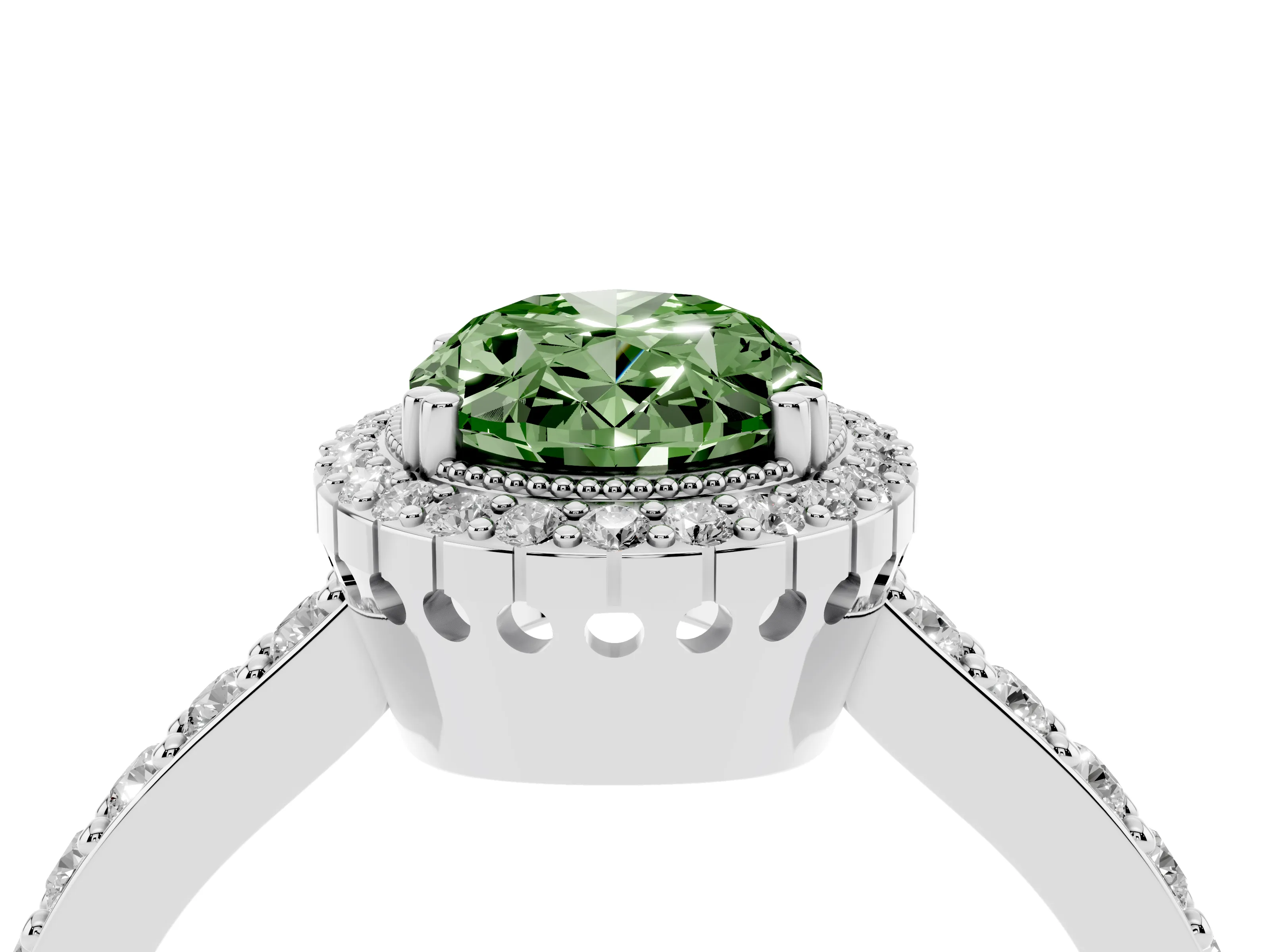 Fancy Green Oval Cut Diamond Halo Engagement Ring Set in Platinum with Milgrain Detail and Pavé Band