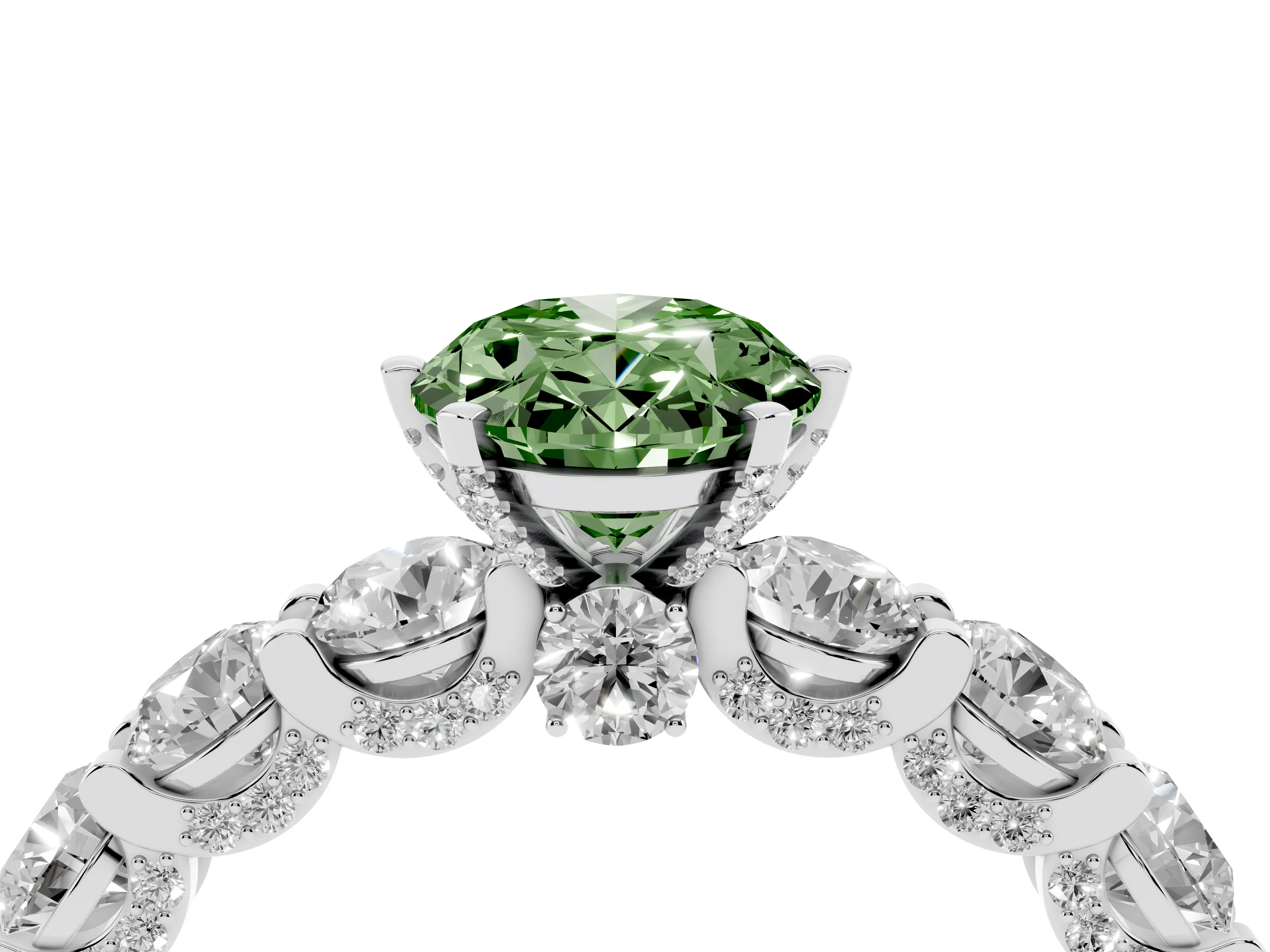 Fancy Green Oval Cut Diamond Side Stone Ring Set in Platinum with Alternating Round and Oval Side Stones