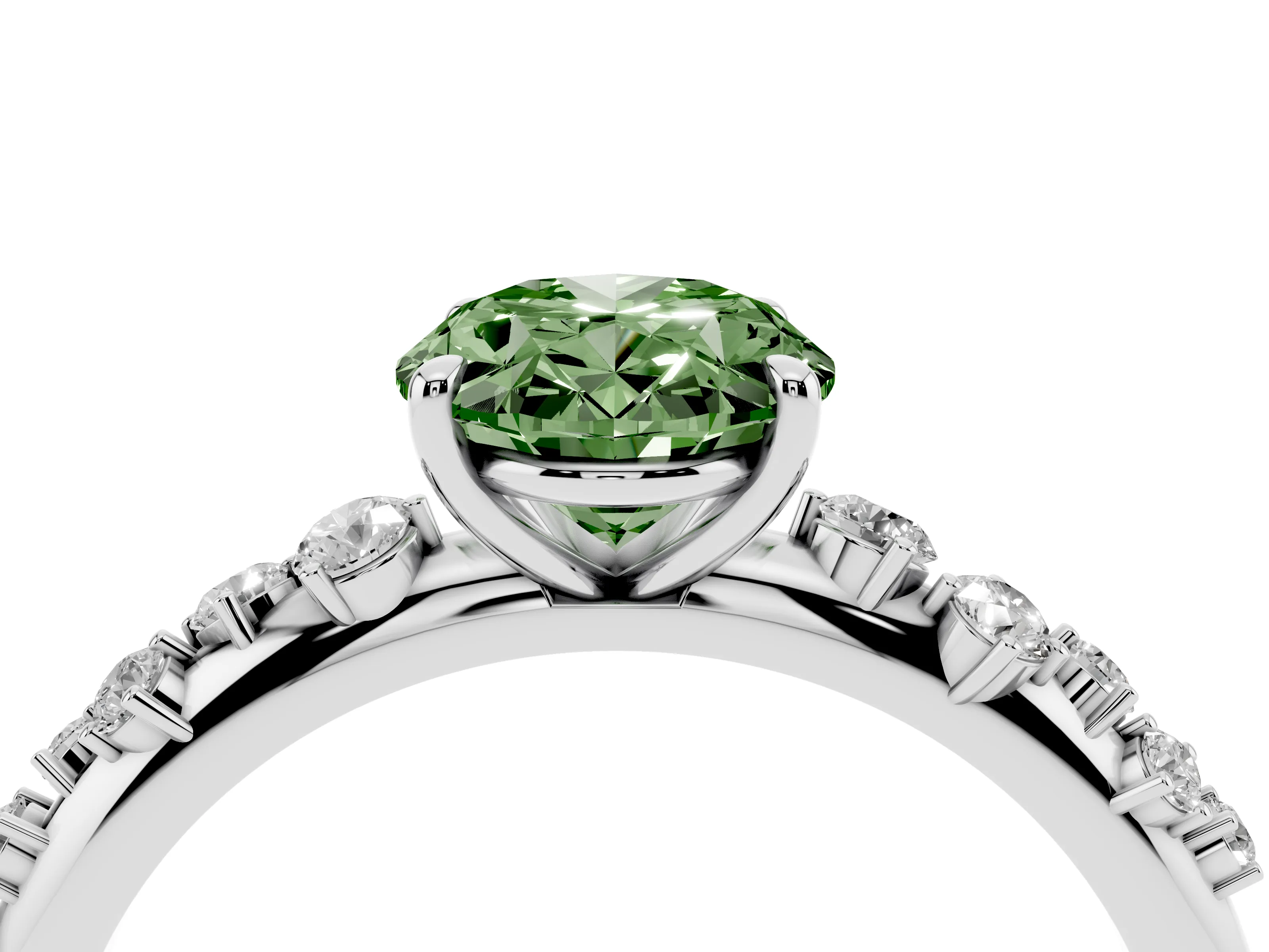 Fancy Green Oval Cut Diamond Cluster Solitaire Ring Set in Platinum with Prong Setting