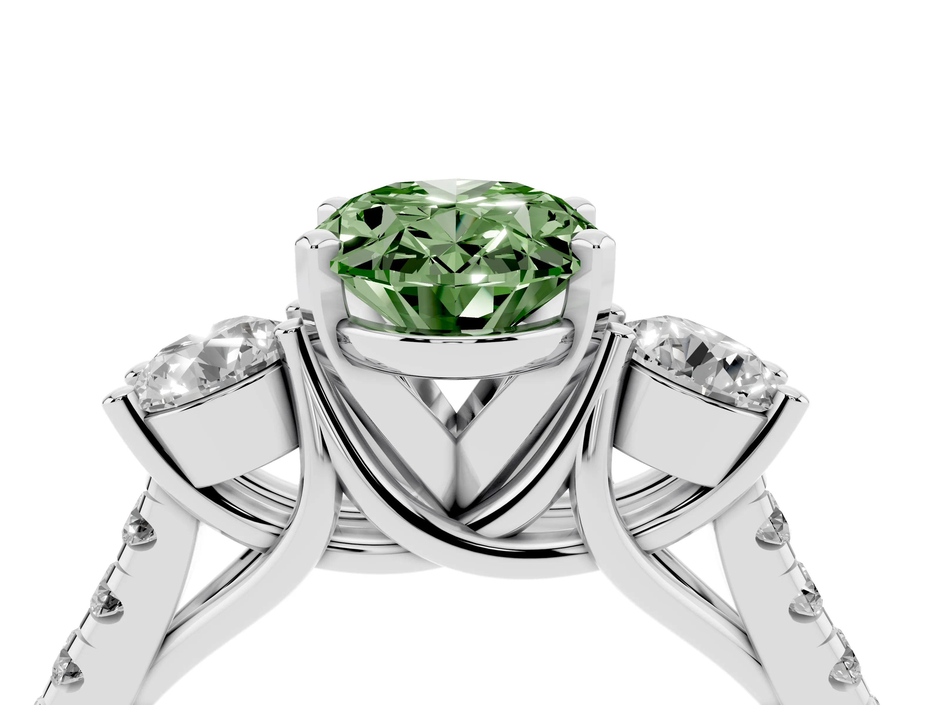 Fancy Green Three-Stone Oval Cut Diamond Pavé Band Ring Set in Silver with Prong-Set Trio