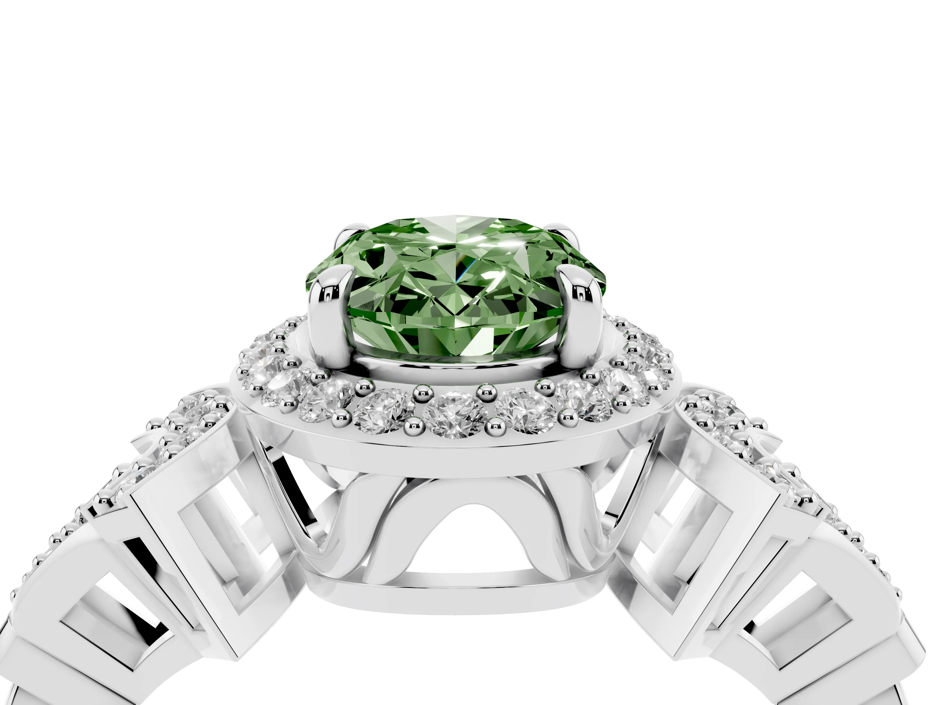 Fancy Green Oval Cut Diamond Halo Engagement Ring Set in Platinum with Accent Stone Split Shank