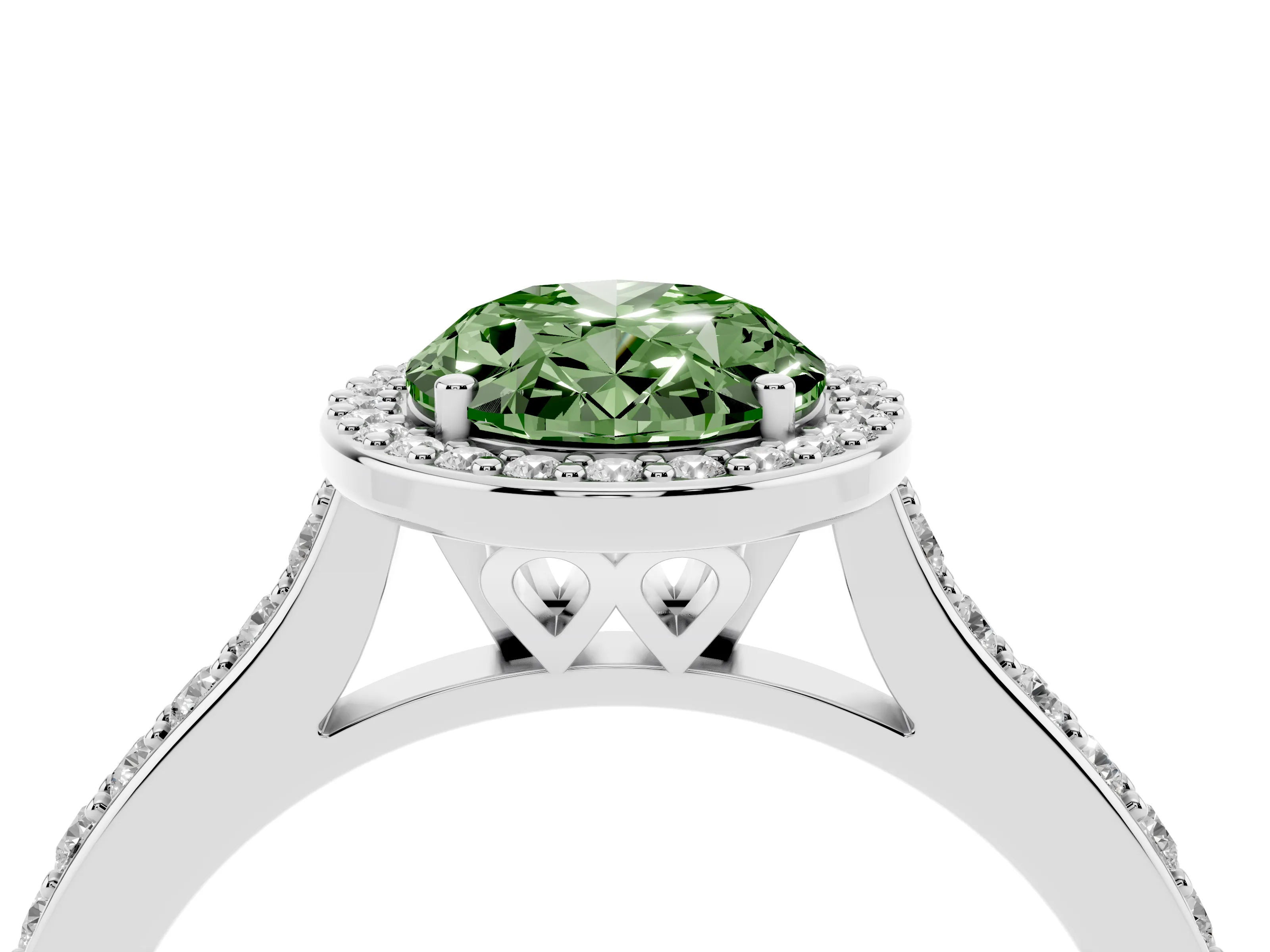 Fancy Green Oval Cut Diamond Halo Engagement Ring Set in White gold with Round Pavé Shoulders and Heart Gallery