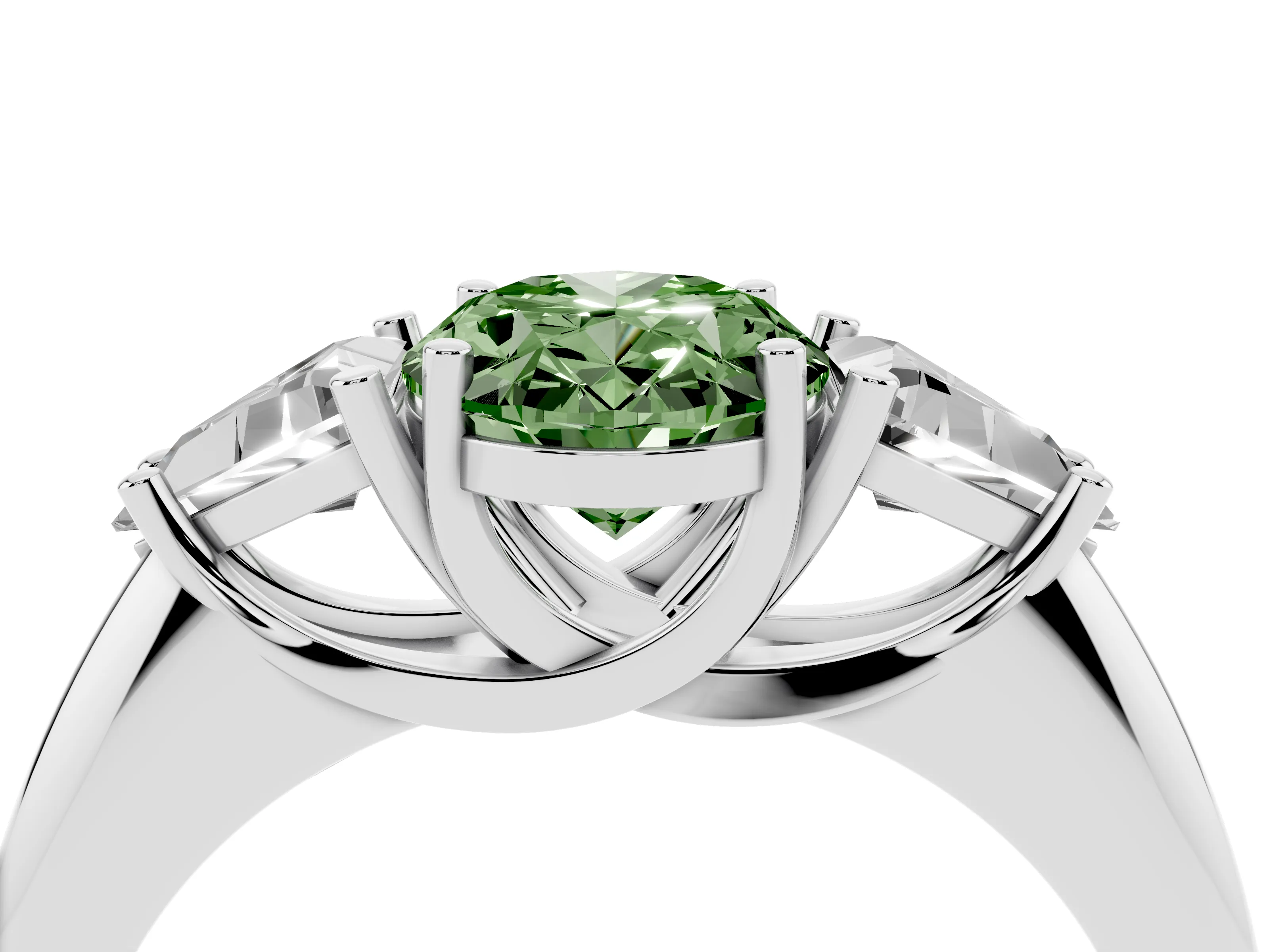 Fancy Green Oval Cut Diamond Three-Stone Engagement Ring Set in Silver with Trillion Side Stones