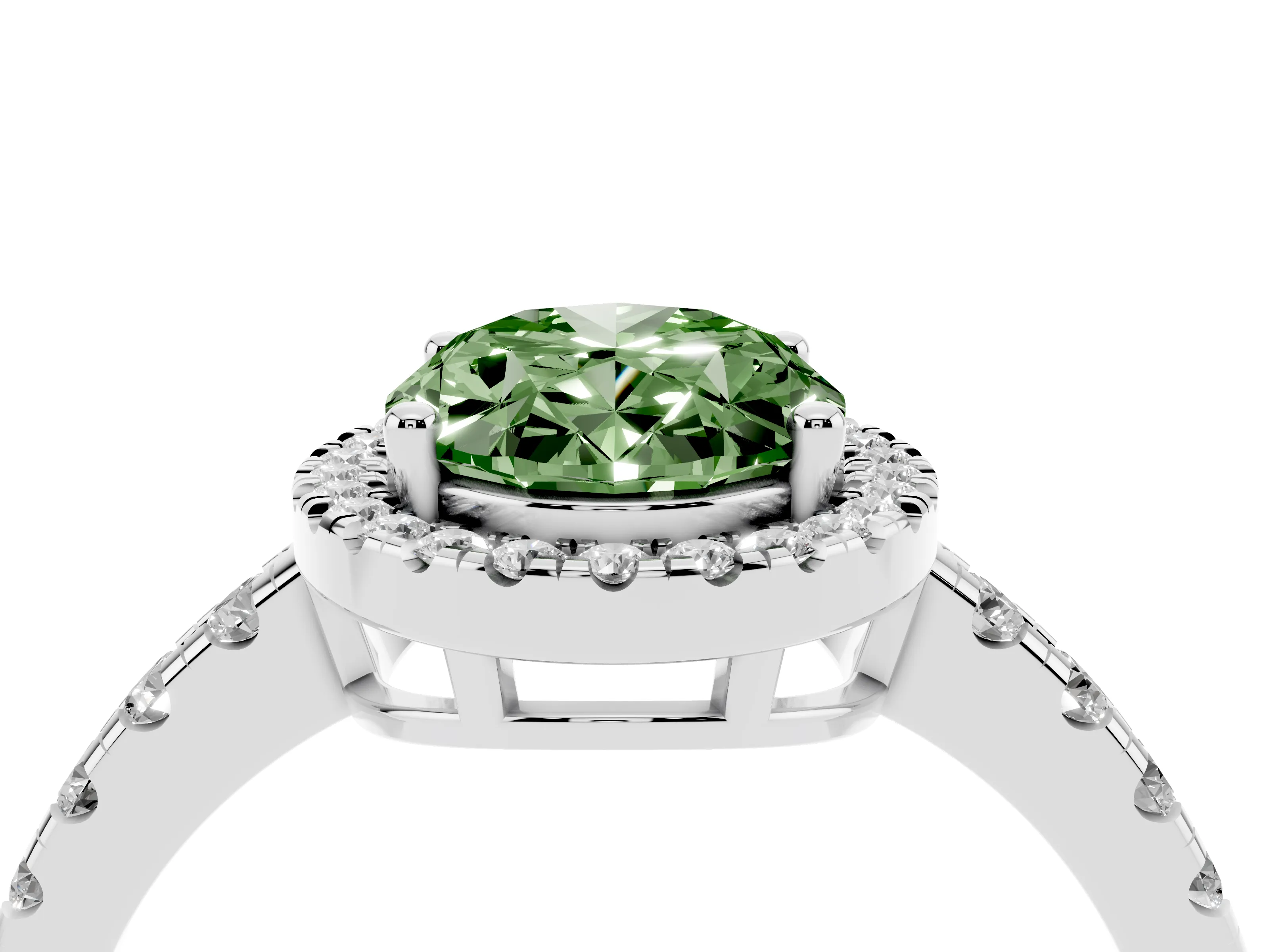 Fancy Green Oval Cut Diamond Halo Ring Set in White gold with Delicate Pavé Band and Prong Setting