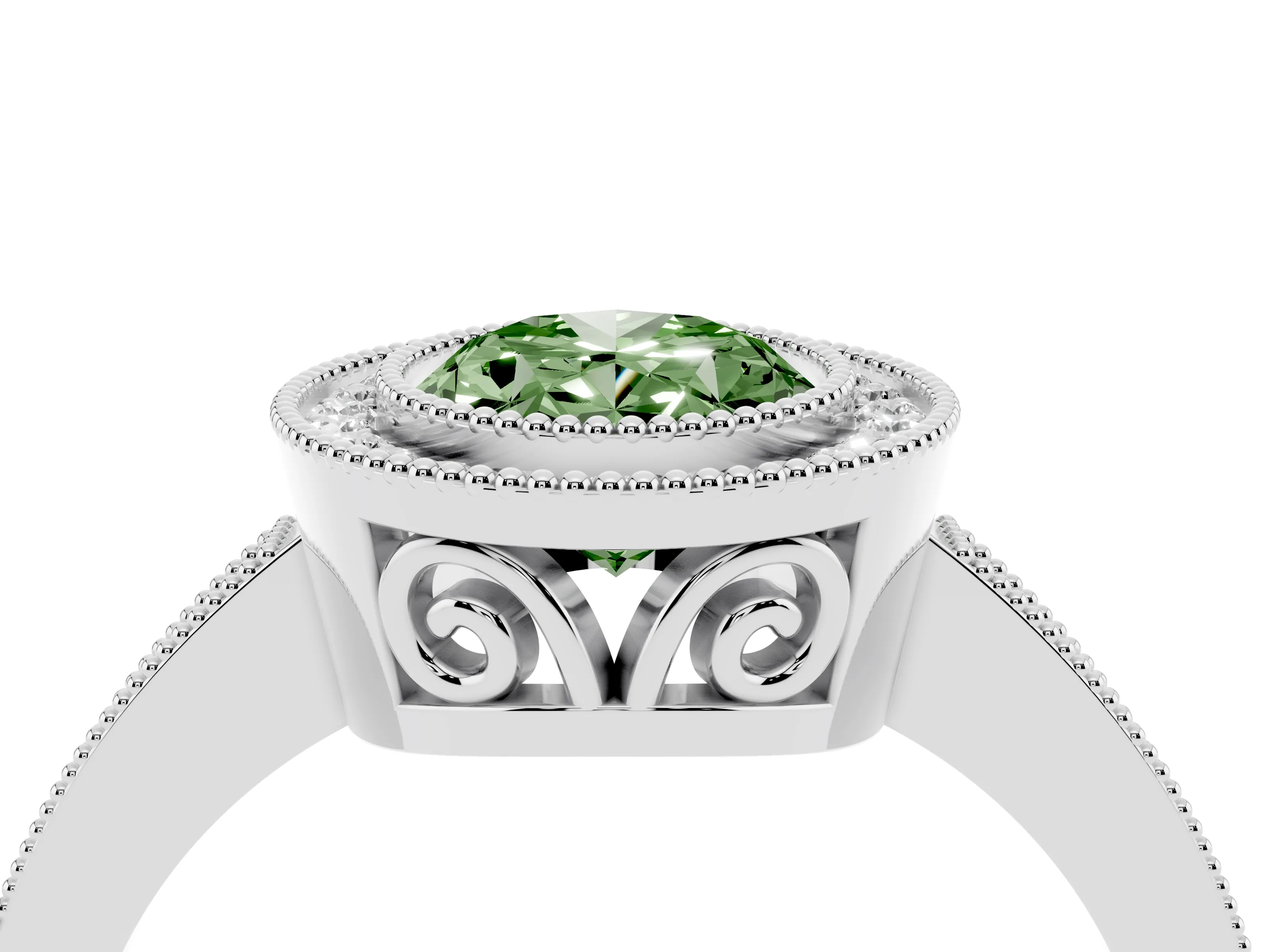 Fancy Green Oval Cut Diamond Halo Ring Set in Platinum with Pavé Band and Milgrain-Edged Prongs