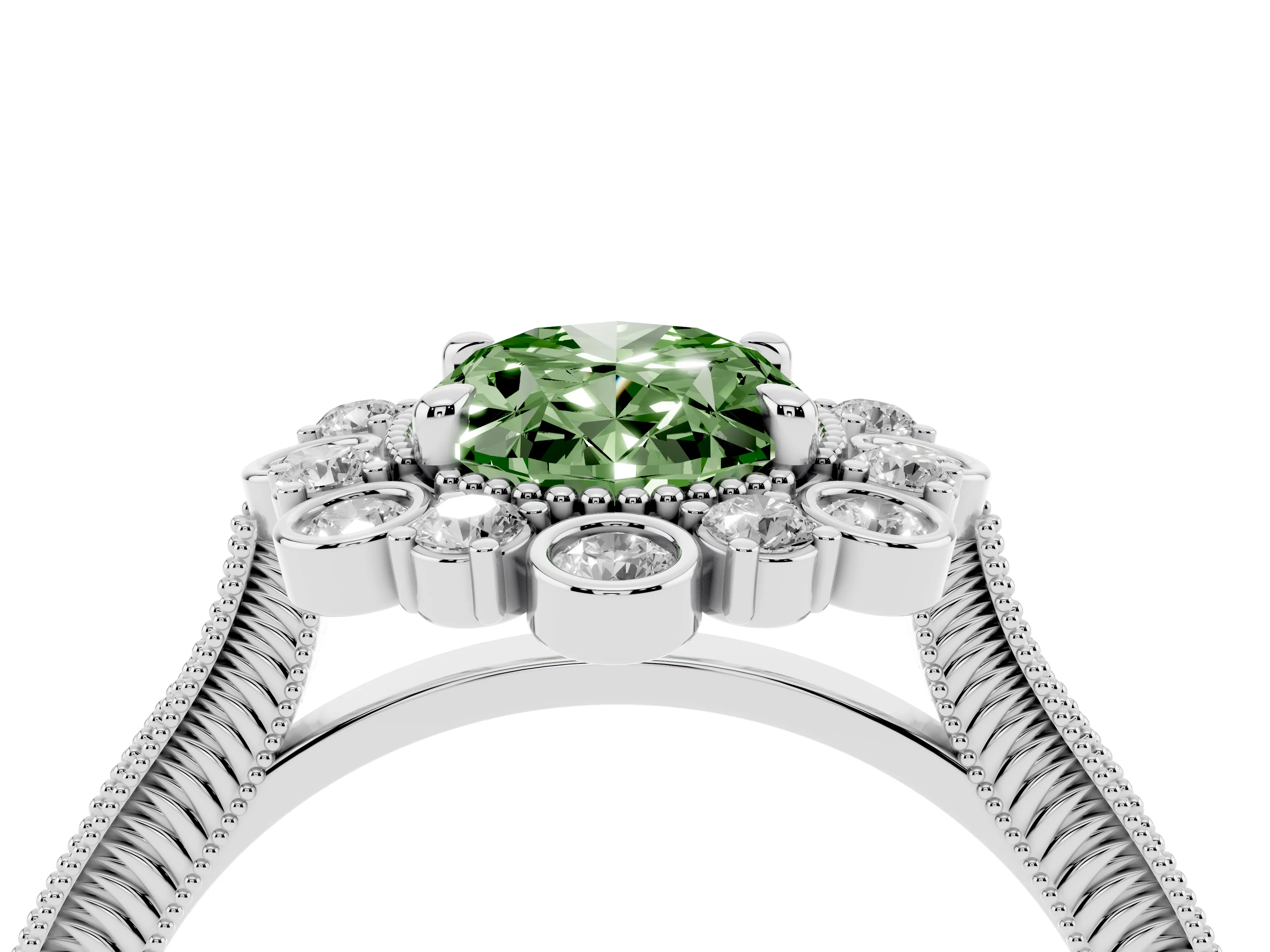 Fancy Green Oval Cut Diamond Halo Milgrain Pavé Ring Set in Silver with Prong Setting