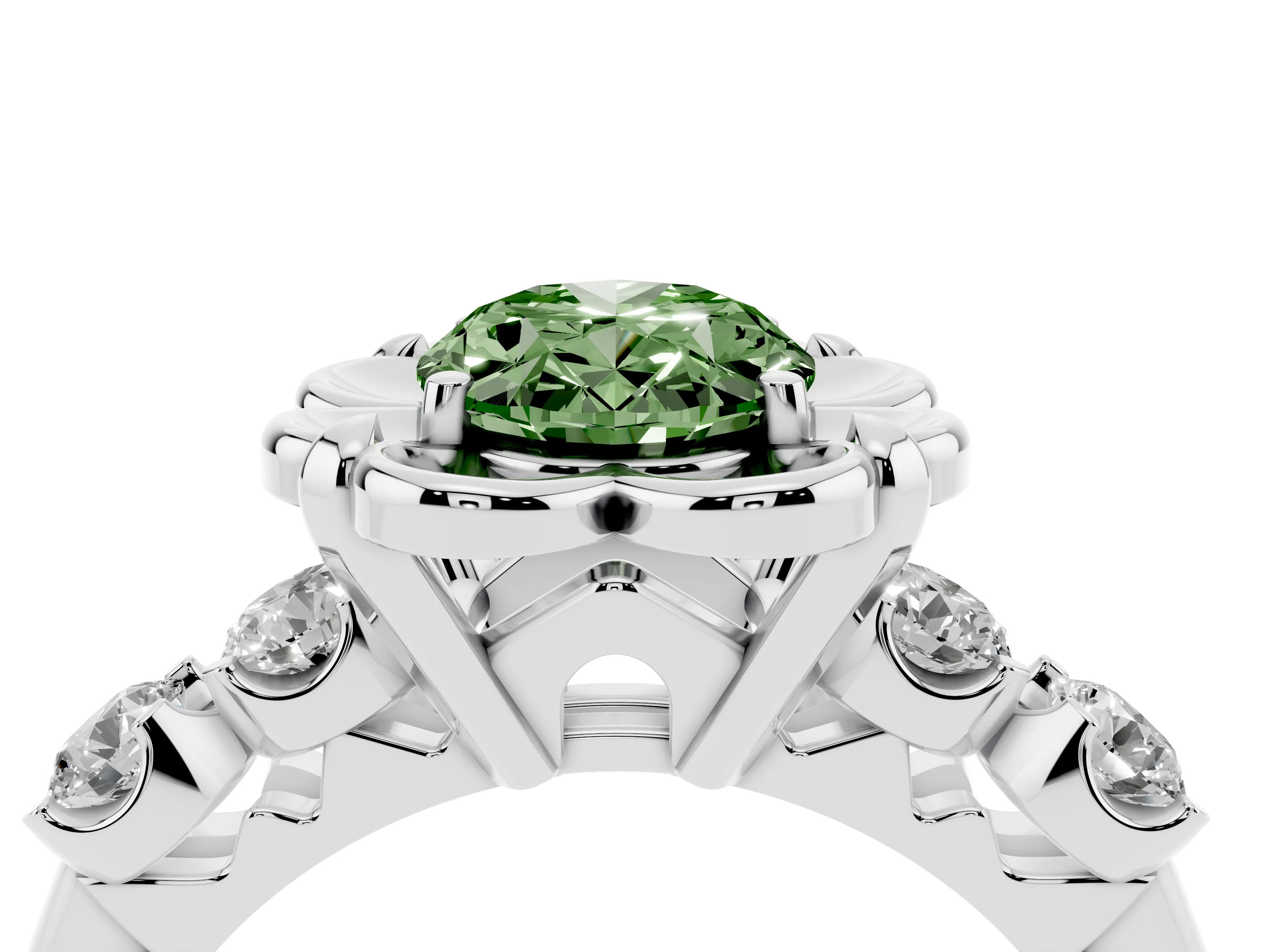 Fancy Green Oval Cut Diamond Floral Halo Ring Set in Platinum with Shared Prong Band