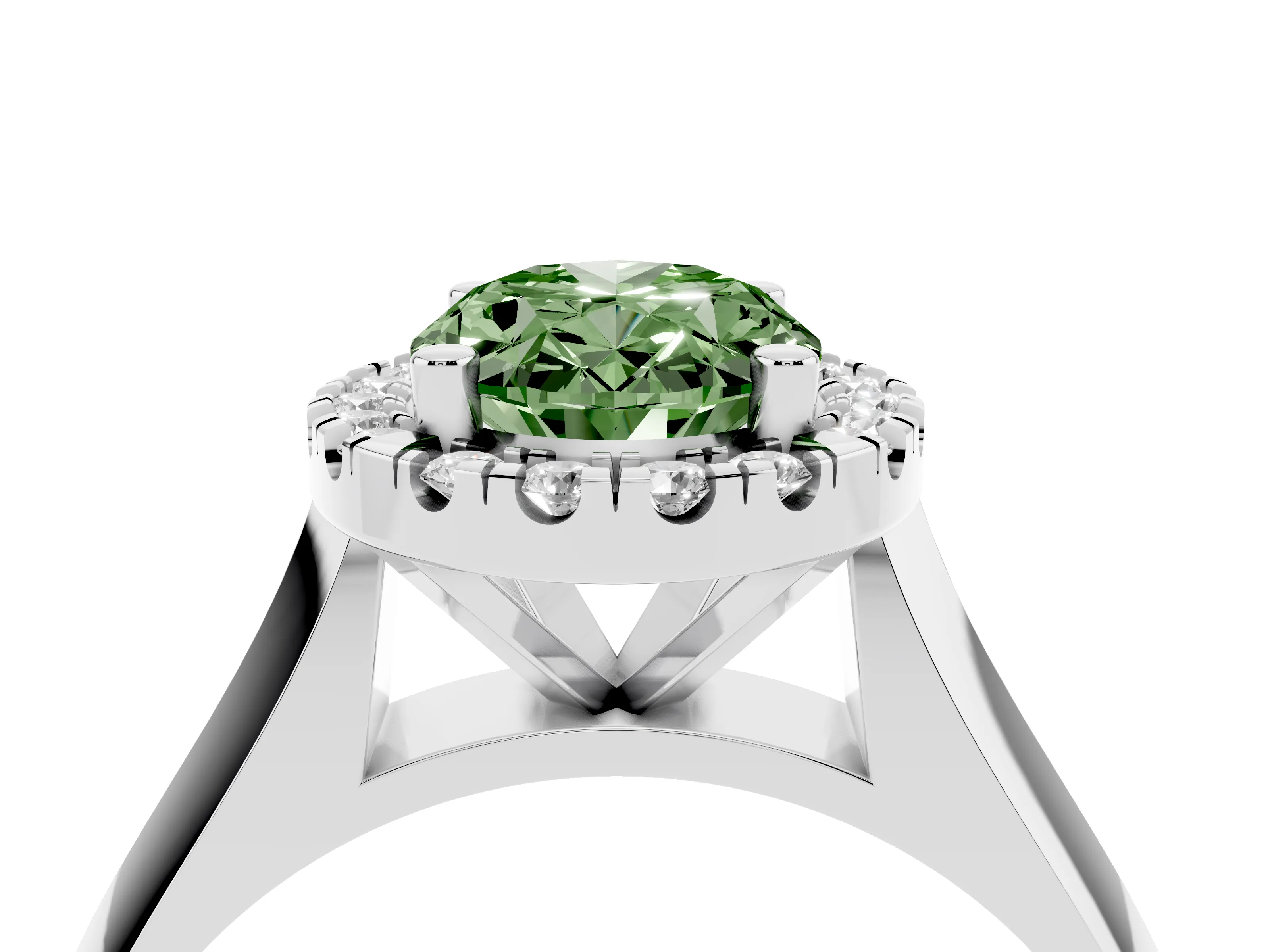 Fancy Green Oval Cut Diamond Halo Solitaire Engagement Ring Set in Silver with Square Band and Prong Setting