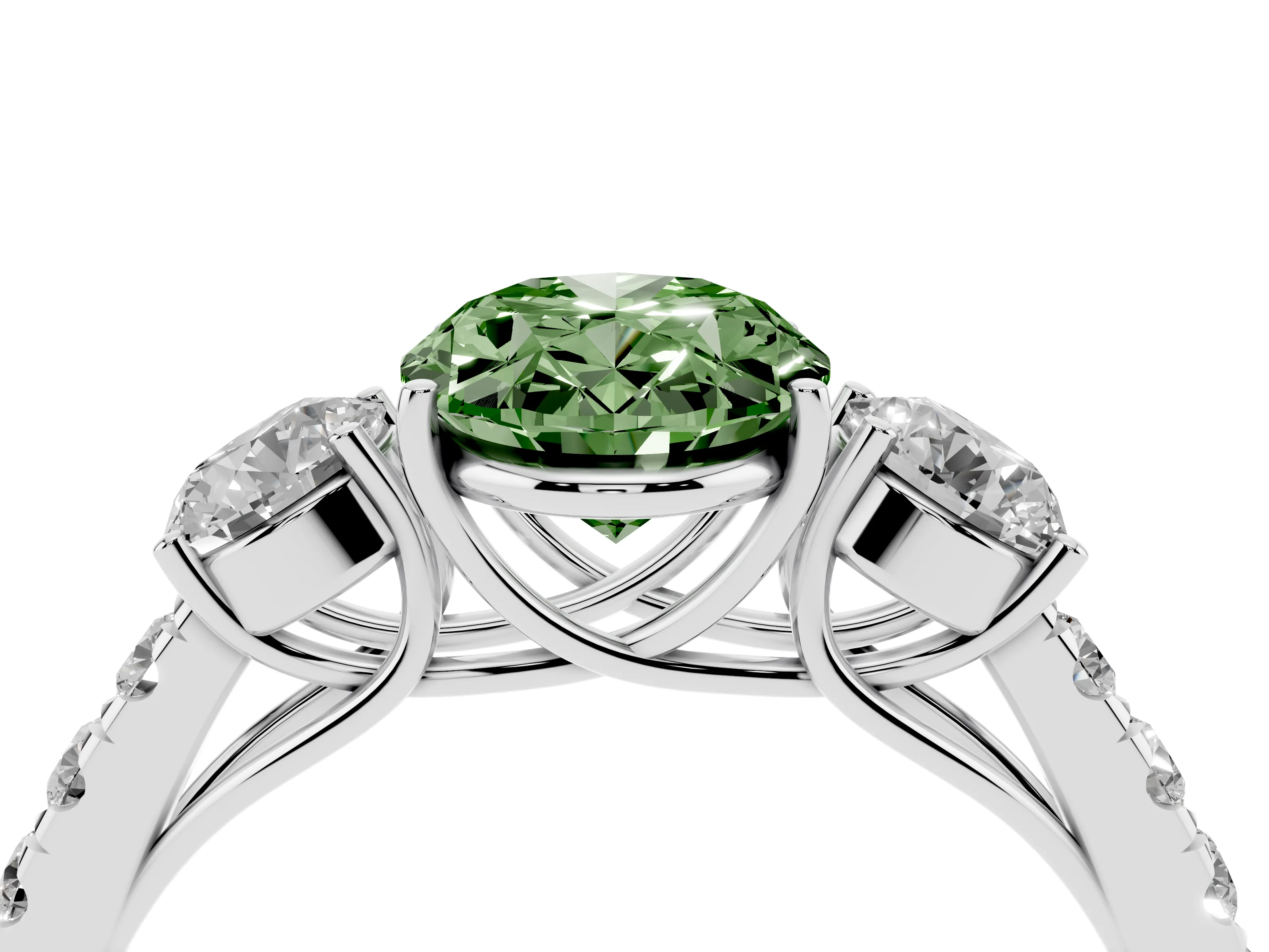 Fancy Green Oval Cut Diamond Three-Stone Ring Set in Silver with Round Side Stones and Delicate Pavé Band
