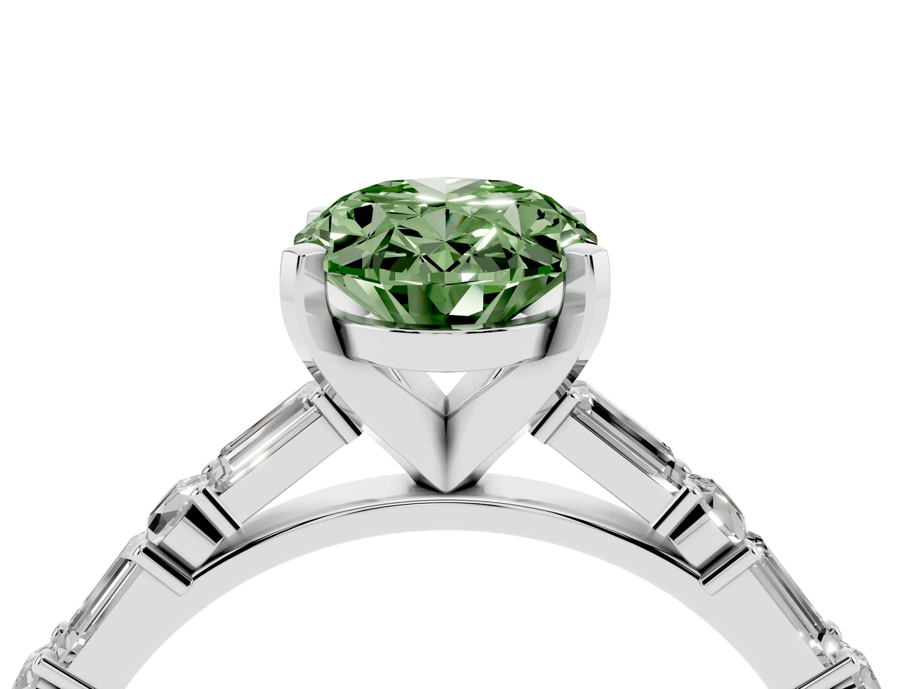 Fancy Green Oval Cut Diamond Solitaire Set in Silver with Side Baguettes and Channel Set Band