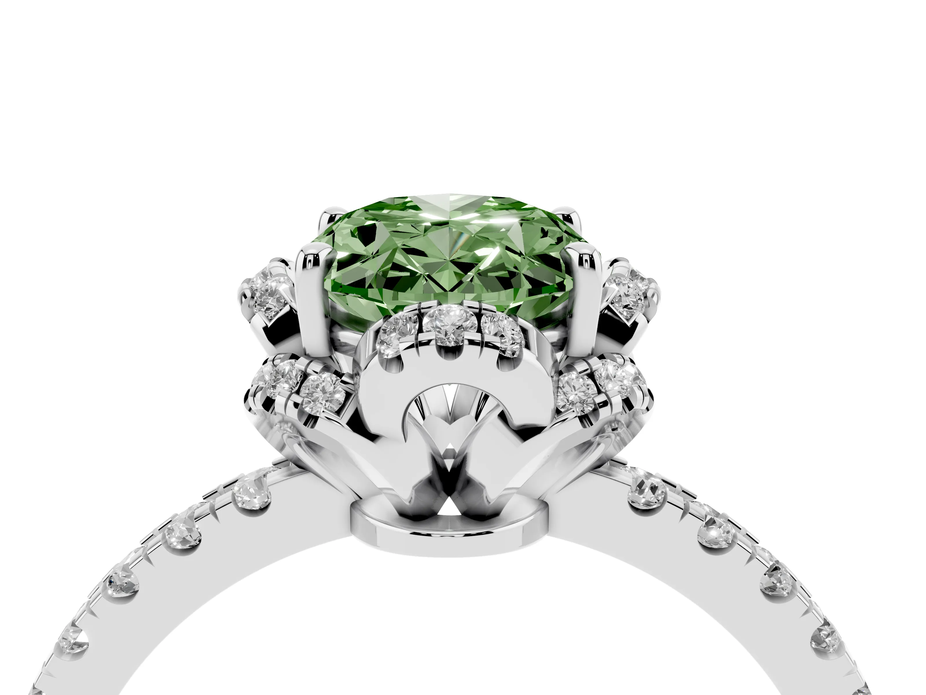 Fancy Green Oval Cut Diamond Halo Pavé Band Ring Set in White gold with Prong-Held Center
