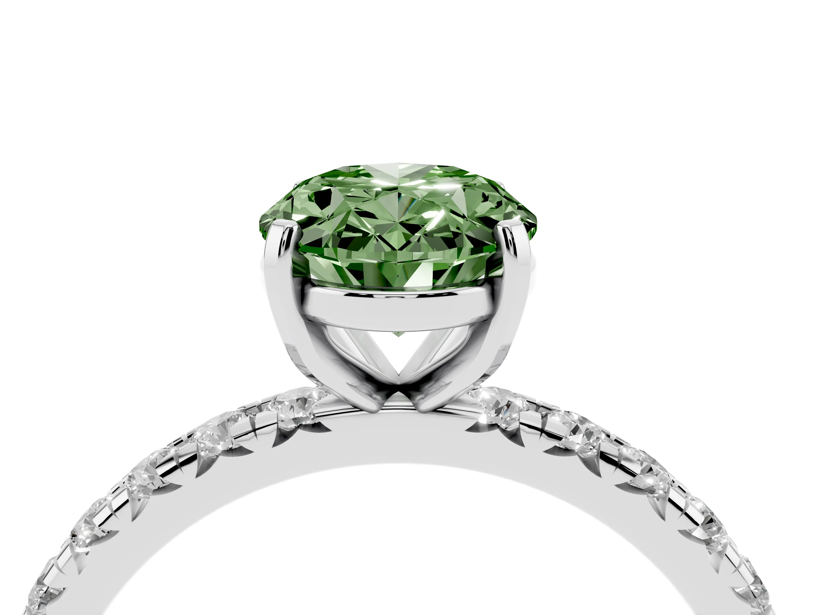Fancy Green Oval Cut Diamond Pavé Solitaire Ring Set in Silver with Round Band and Prong Setting