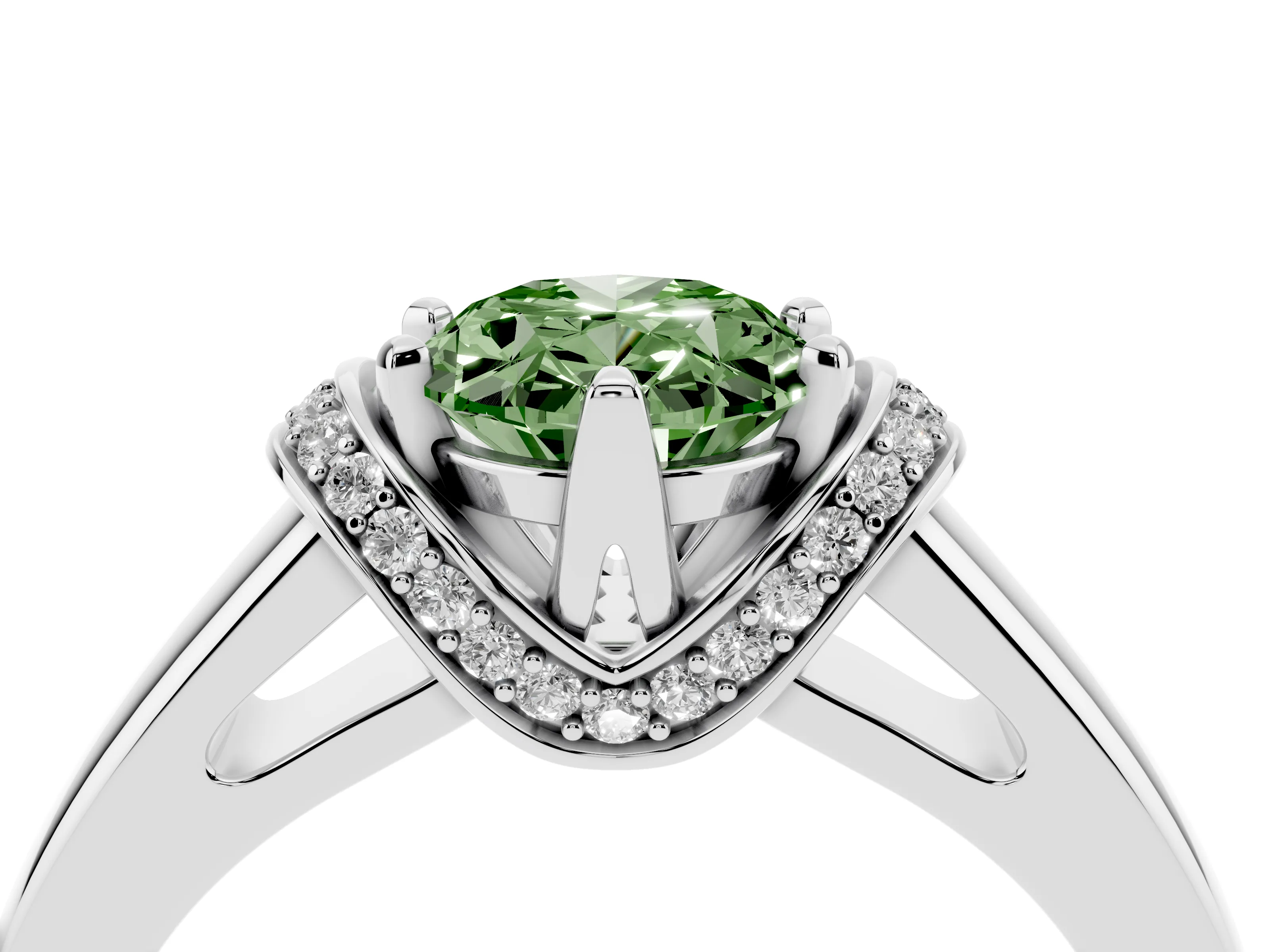 Fancy Green Oval Cut Diamond Pavé Band Solitaire Ring Set in Silver with Prong Setting