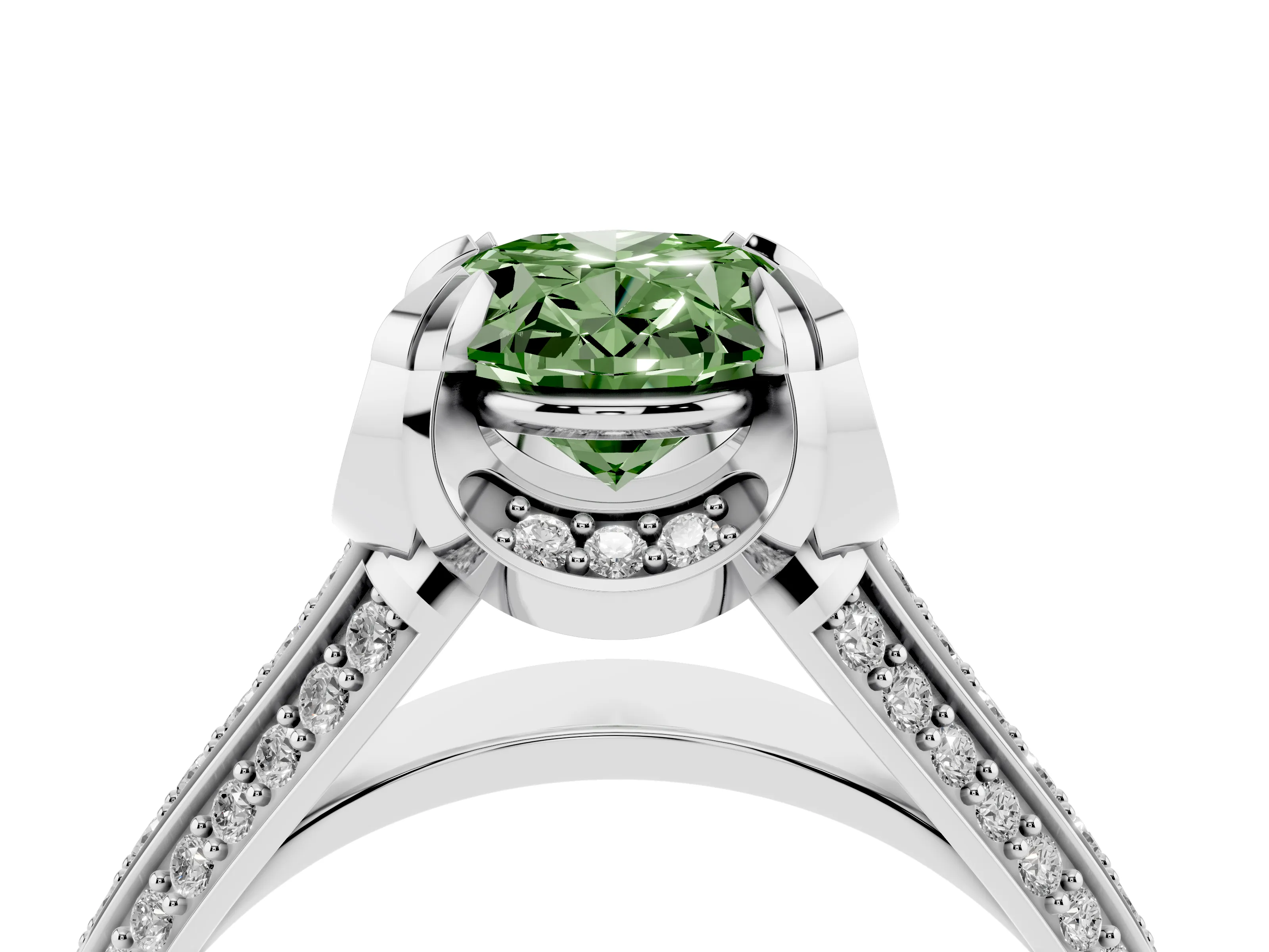Fancy Green Oval Cut Diamond Pavé Split Shank Solitaire Ring Set in Silver with Prong Setting