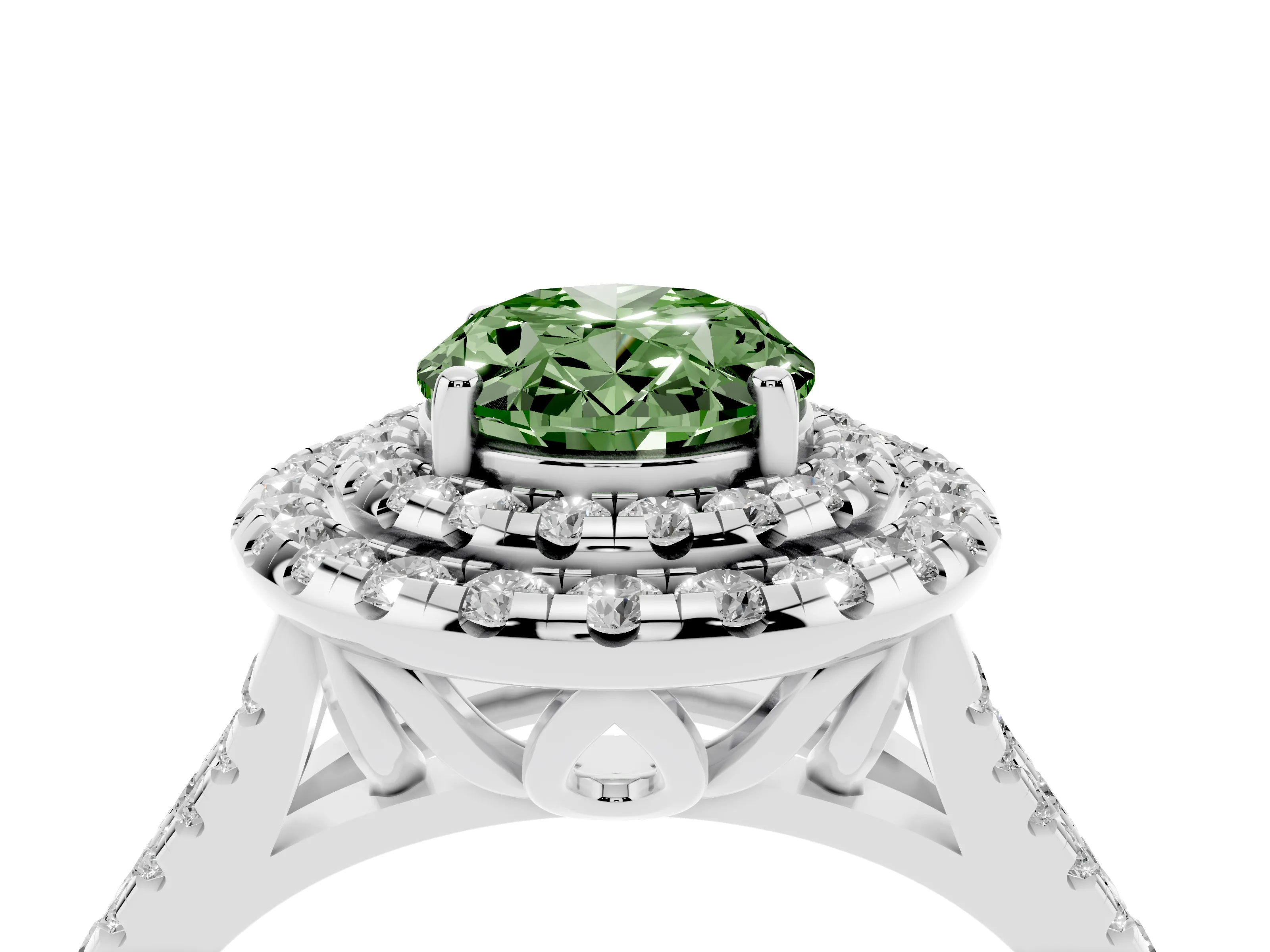 Fancy Green Oval Cut Diamond Double Halo Ring Set in White gold with Pavé Split Shank and Prong Setting