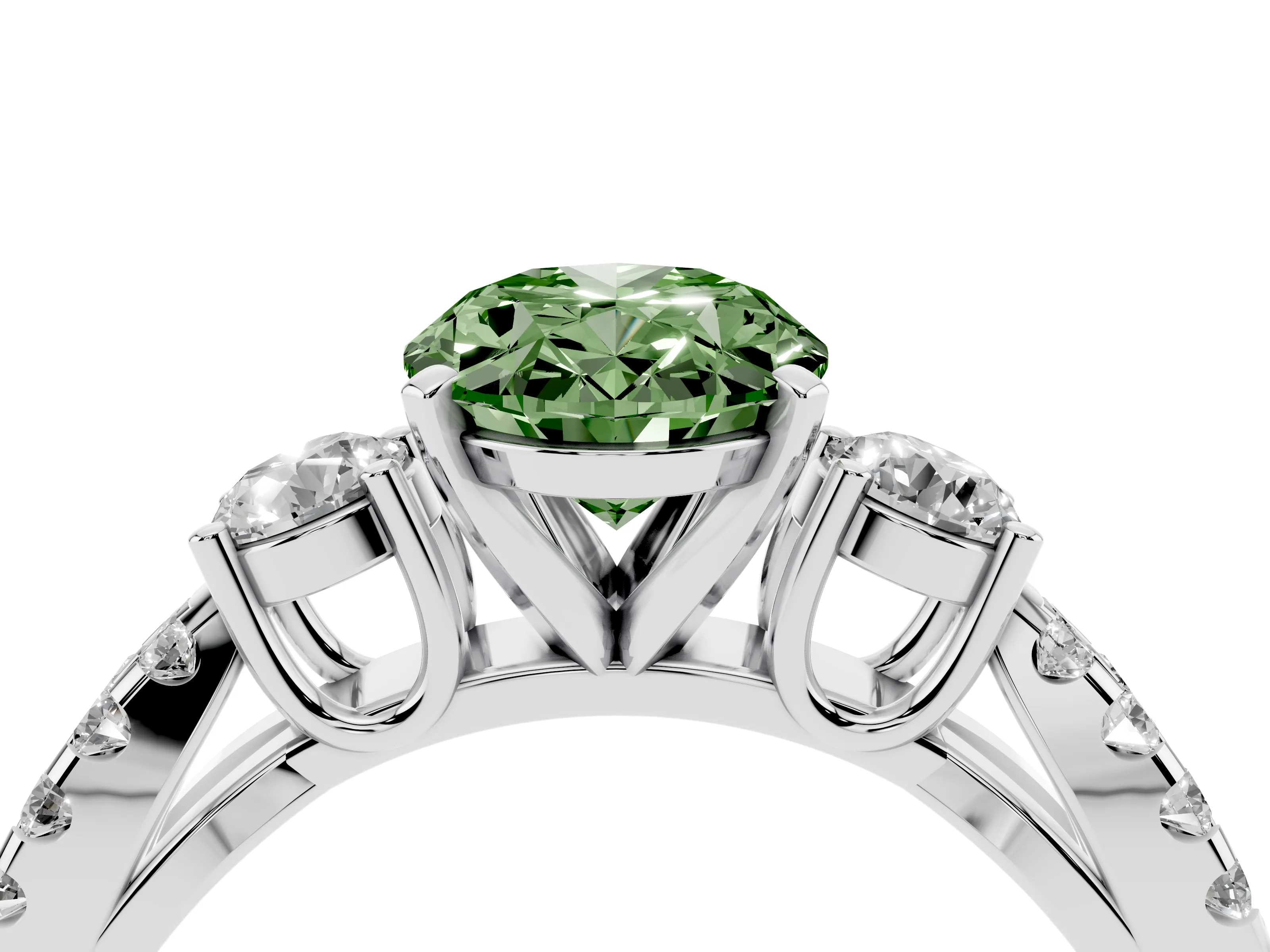 Fancy Green Oval Cut Diamond Three-Stone Ring Set in Platinum with Pavé Split Shank and Prong Setting