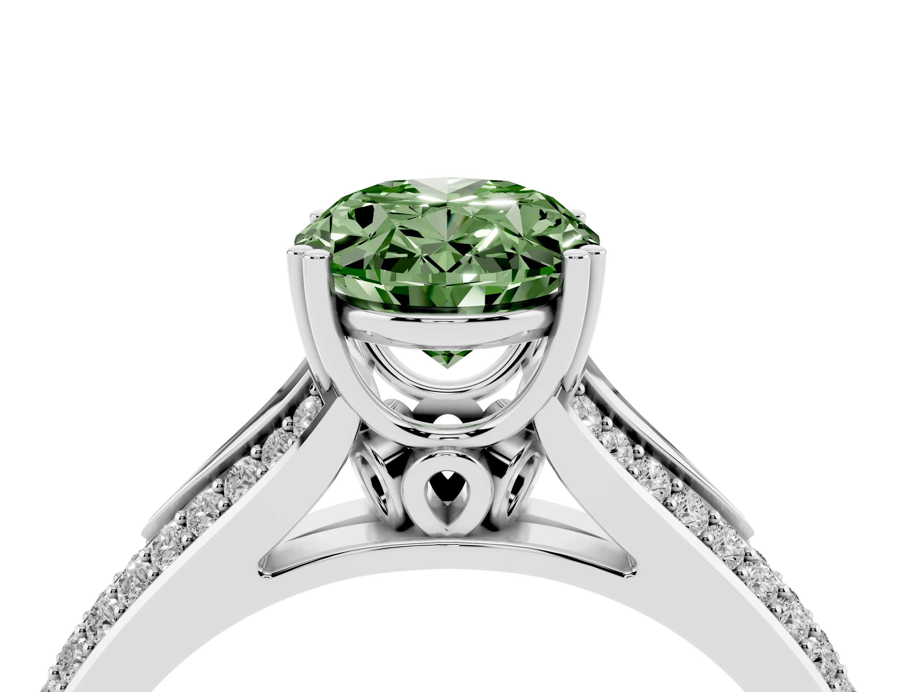 Fancy Green Oval Cut Diamond Split Shank Pavé Engagement Ring Set in Silver with Prong-Set Center Stone