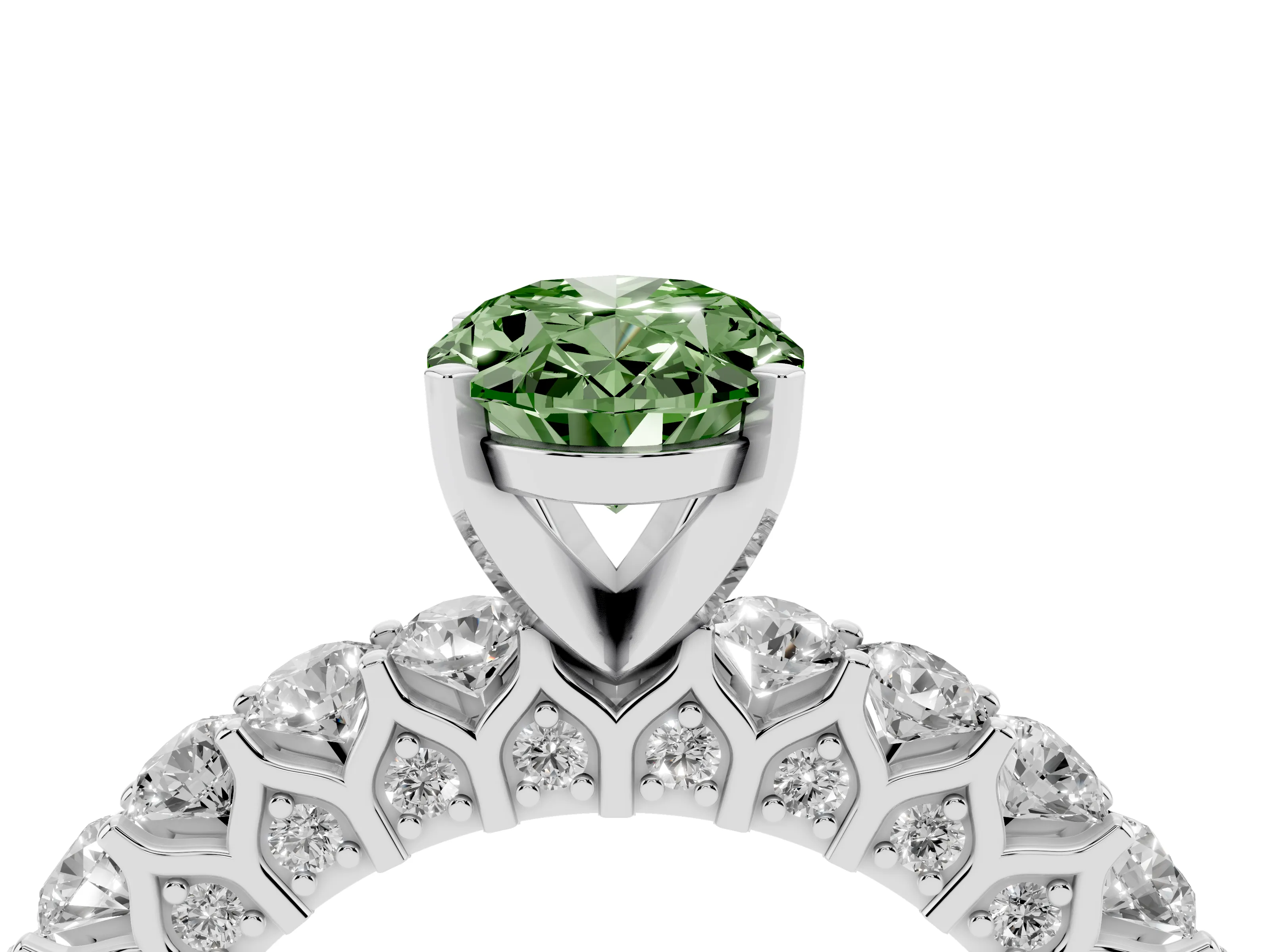 Fancy Green Oval Cut Diamond Solitaire Ring Set in Silver with Shared Prong Pavé Band