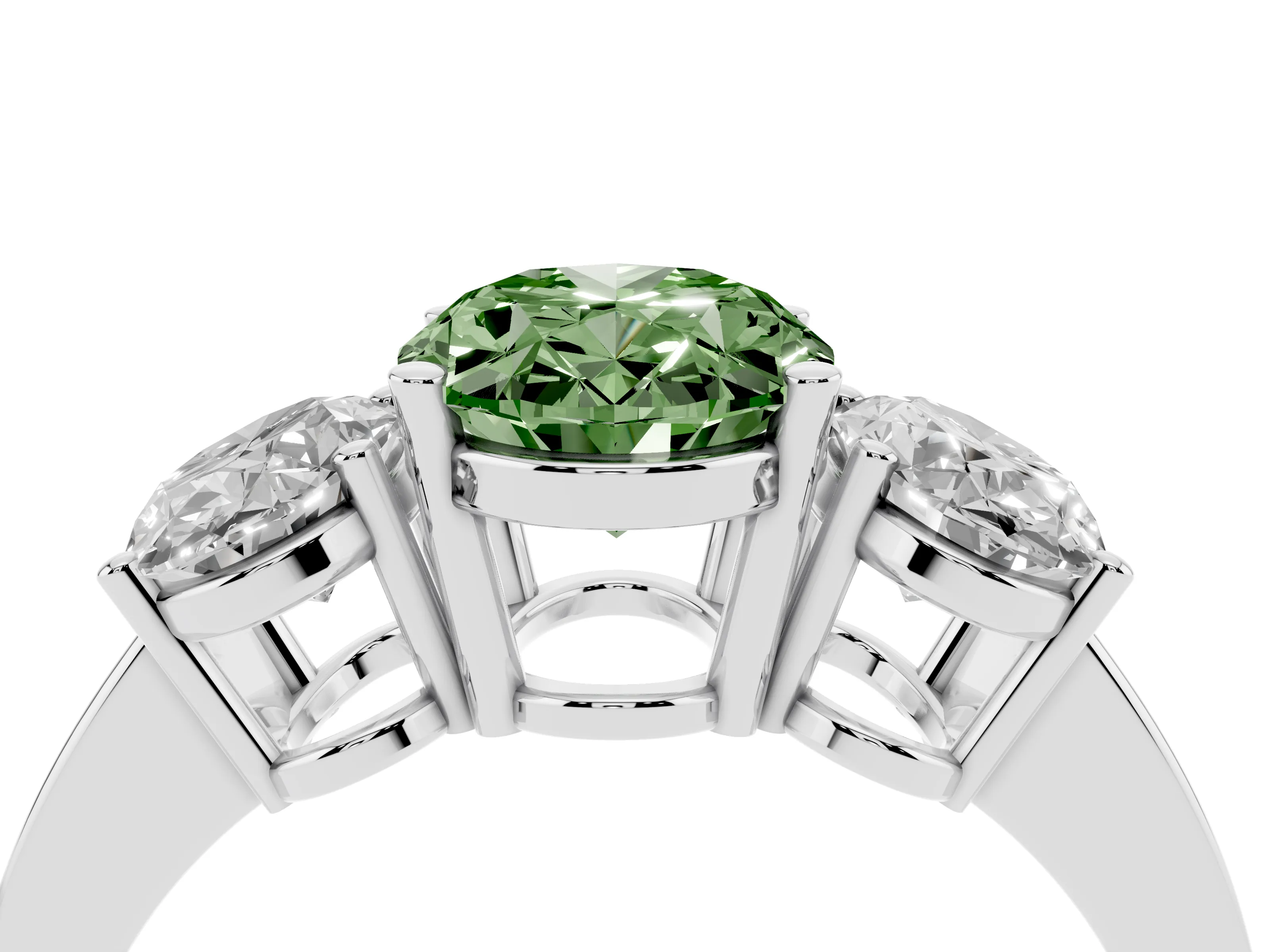 Fancy Green Oval Cut Diamond Three-Stone Engagement Ring Set in White gold with Flat Band
